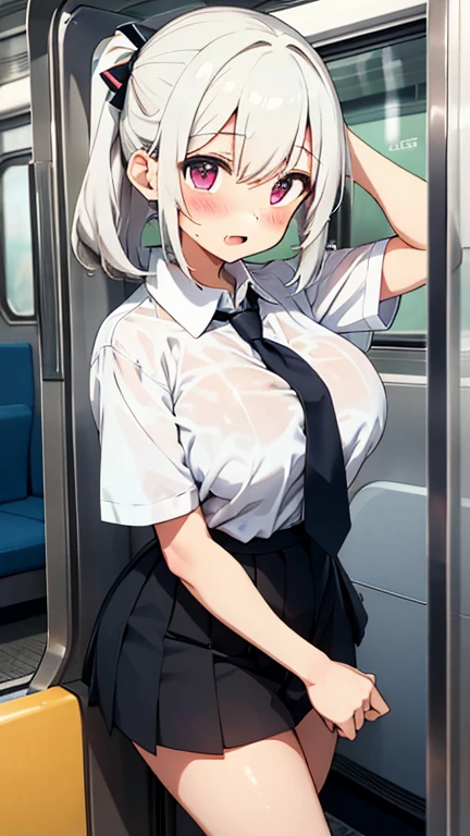 high resolution、high quality、Beautiful woman with her breasts visible through her shirt、Big 、Beautiful woman holding onto a strap in a crowded train、Bobcut、Very embarrassed、Beige silver hair、Sweaty、adult、indoor、Student Uniform、high school girl、Thighs、Very short skirt、A white shirt that looks like it's about to burst with her 、pants、Waistline、Embarrassing