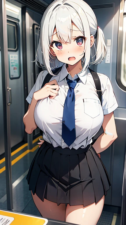 high resolution、high quality、Beautiful woman with her breasts visible through her shirt、Big 、Beautiful woman holding onto a strap in a crowded train、Bobcut、Very embarrassed、Beige silver hair、Sweaty、adult、indoor、Student Uniform、high school girl、Thighs、Very short skirt、A white shirt that looks like it's about to burst with her boobs、pants、Waistline、Shake your violently