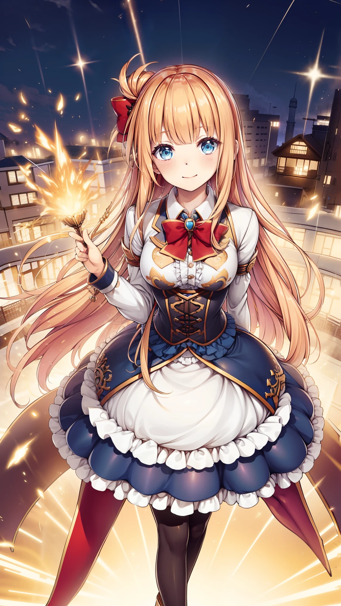  The picture is a cartoon-style photo ， unique , 1 Girl, skirt,  long hair, have, whole body,  blue eyes, bow, top have, mini have, mini top have, spark, sidelocks, brown skirt,  mature temperament , very  long hair,  Smile,   is viewing viewers  ,  simple background, bowtie, frills,  bangs,    white background , pantyhose, Shut up, Standing, shoe