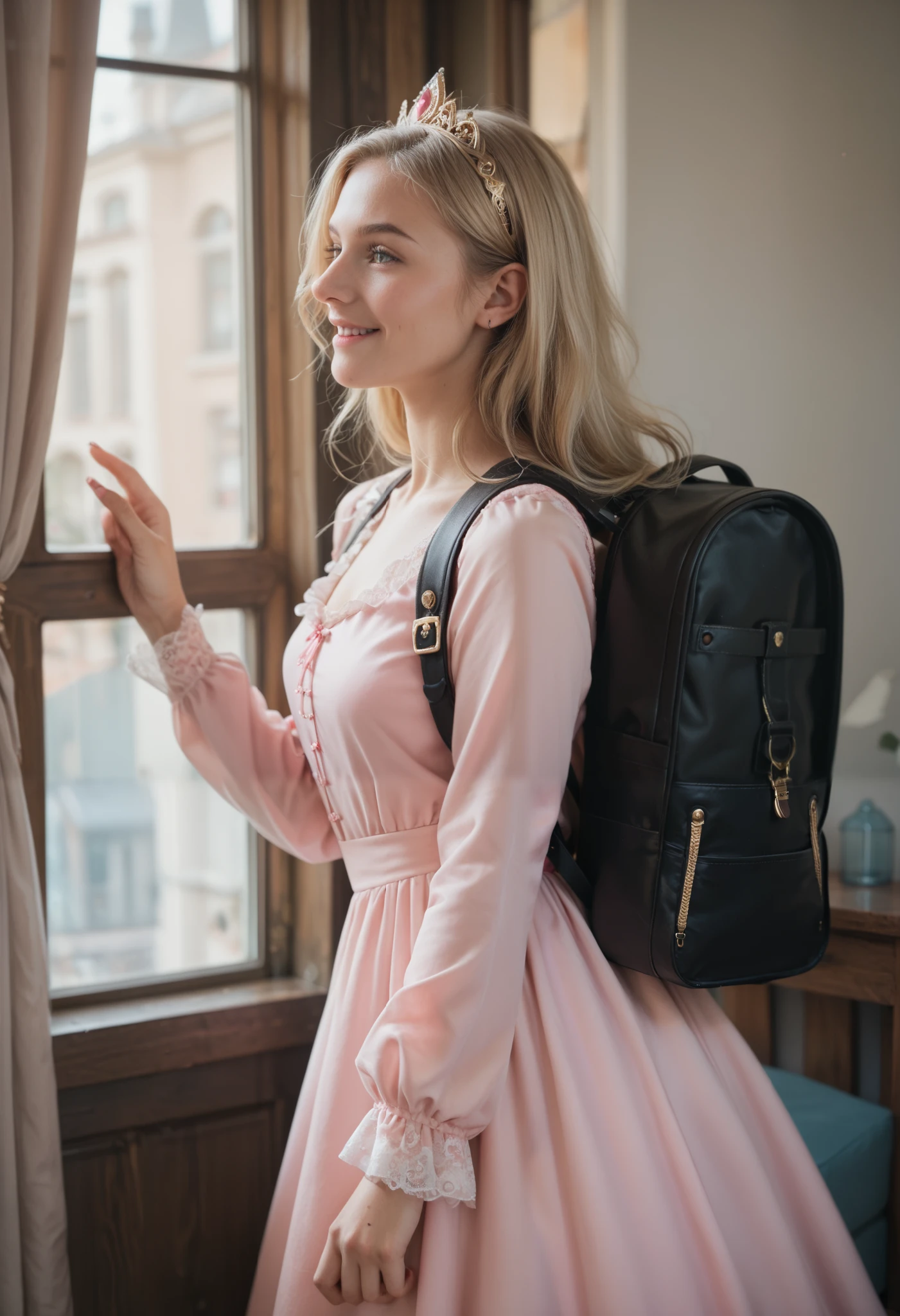 Masterpiece, hd, realistic, 1girl, blonde hair,  y.o, princess, wear princess dress, pink dress, long Sleeve, wearing black backpack, square backpack, standing, looking at window, light smile