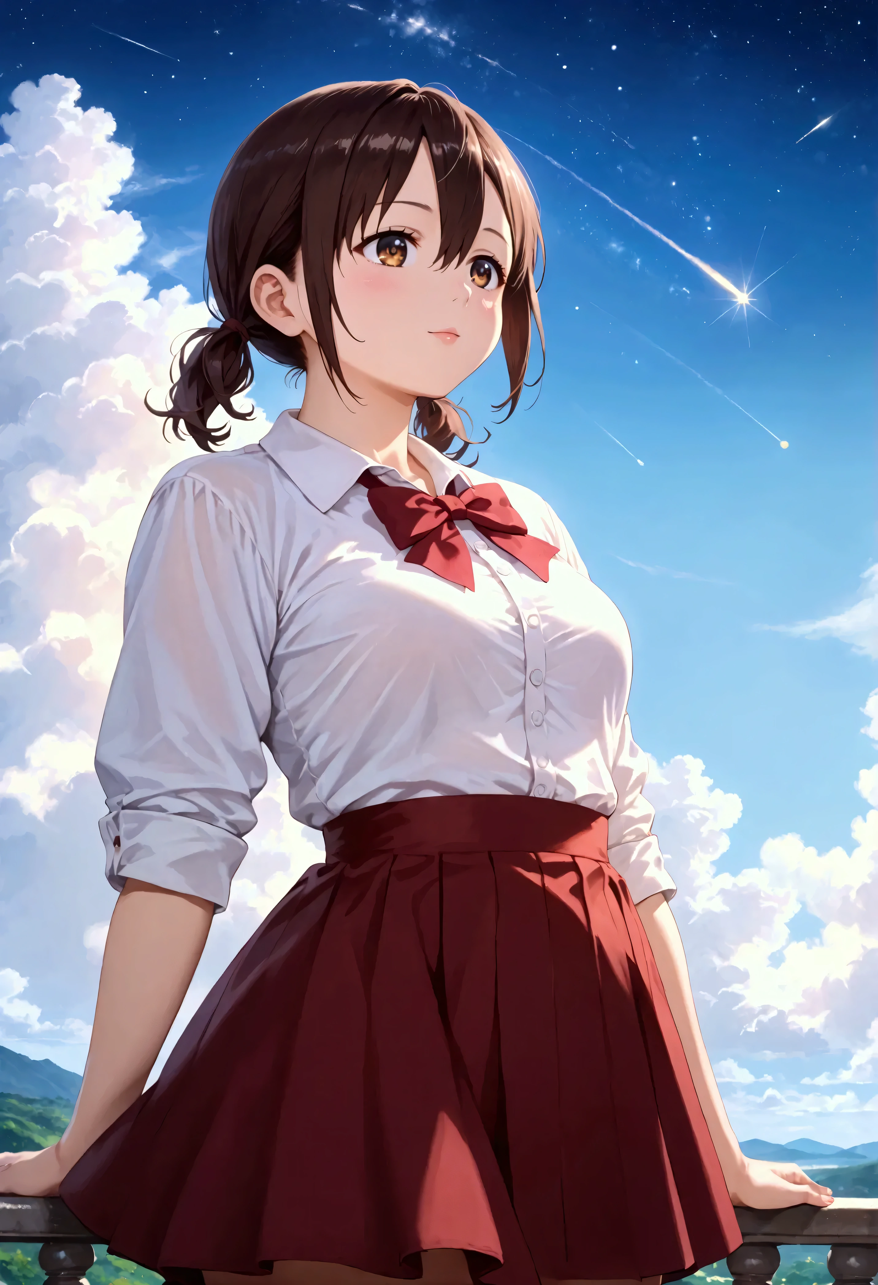 anime style, anime, source anime, score_9, score_8_up, score_7_up, score_6_up, a woman standing with her back to the camera looking up at a sky with lots of bright colors, 1girl, solo, honoka hara, short hair, brown hair, hair between eyes, twintails, brown eyes, low twintails, short twintails, plump, sky, solo, star (sky), cloud, scenery, starry sky, long hair, skirt, shooting star,((4k,8k,Ultra HD)),((Masterpiece :1.2)),((Best quality :1.2)),((Detailed :1.5)),((Detailed background :1.5)), (8K),(absurdres),(crisp quality),(rich contrast),(sharp focus),(best quality),(high resolution),(Looking delighted),(masterpiece),(detailed face),(illustration),(ultra detailed),(rich contrast),(a best quality illustration),(a masterpiece of a woman with ultra detailed features, in 8K resolution, with crisp quality and vibrant colors),(detailed eyes),(perfect eyes),(ultra detailed eyes),((nice hands)),((perfect hands)),((gleaming skin)),((shiny skin)),((best quality)),((high resolution)),((ultra-high resolution)),((masterpiece)),((ultra detailed)),((illustration)),((an extremely delicate and beautiful))((detailed face)),((perfect eyes)),((perfect fingers)),