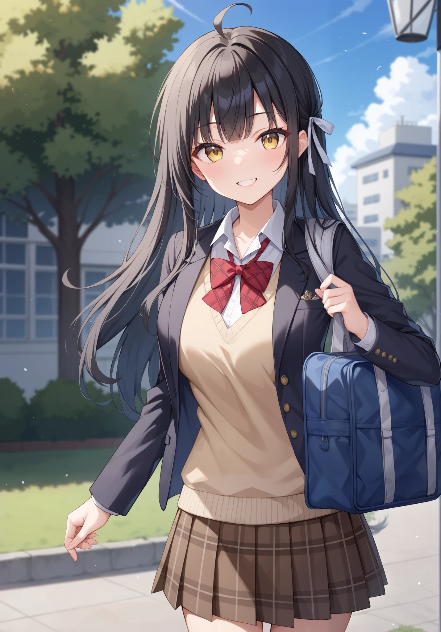 Anime girl with long hair and a school uniform holding a blue bag ...