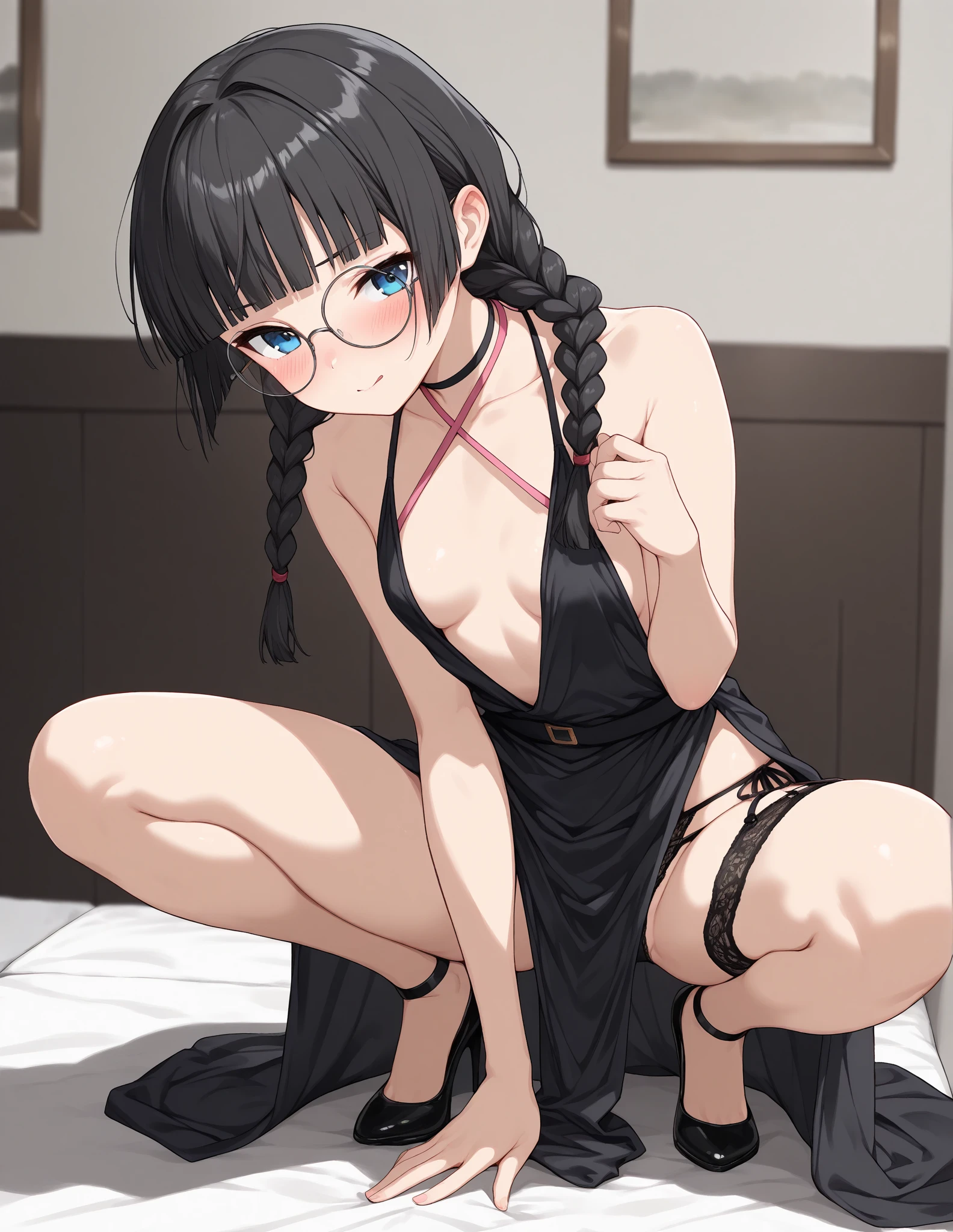 Sarada on her knees naked looking up with a leash with a chain going towards the viewer, kneeling looking up, View from the lower camera, thick-thighs, in the room on the bed, flatchest