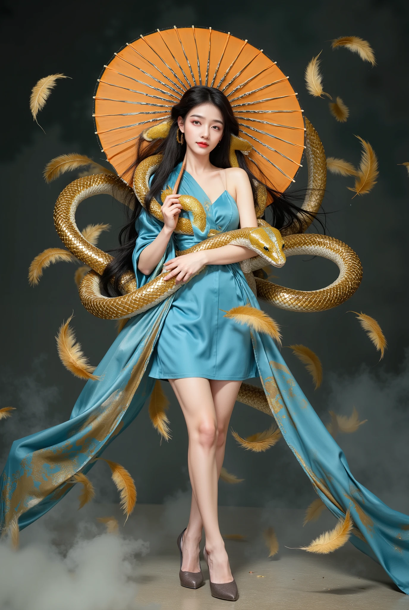 gold snake.Beautiful Girl holding umbrella full body and with mini skirt dress and full body and A lot of feather fell down. cute, Cool, a girl , 脸看起来像中国女孩 , Long black hair , red lips , Blue Dress , heels , feather, dark tone , 3D Rendering