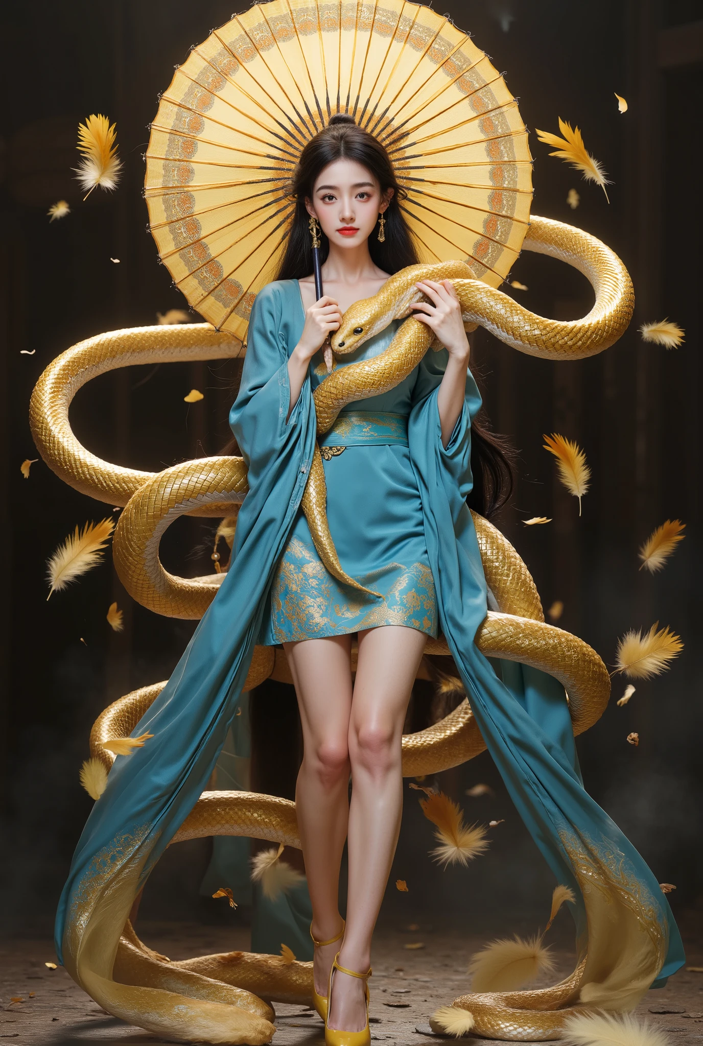 gold snake.Beautiful Girl holding umbrella full body and with mini skirt dress and full body and A lot of feather fell down. cute, Cool, a girl , 脸看起来像中国女孩 , Long black hair , red lips , Blue Dress , heels , feather, dark tone , 3D Rendering