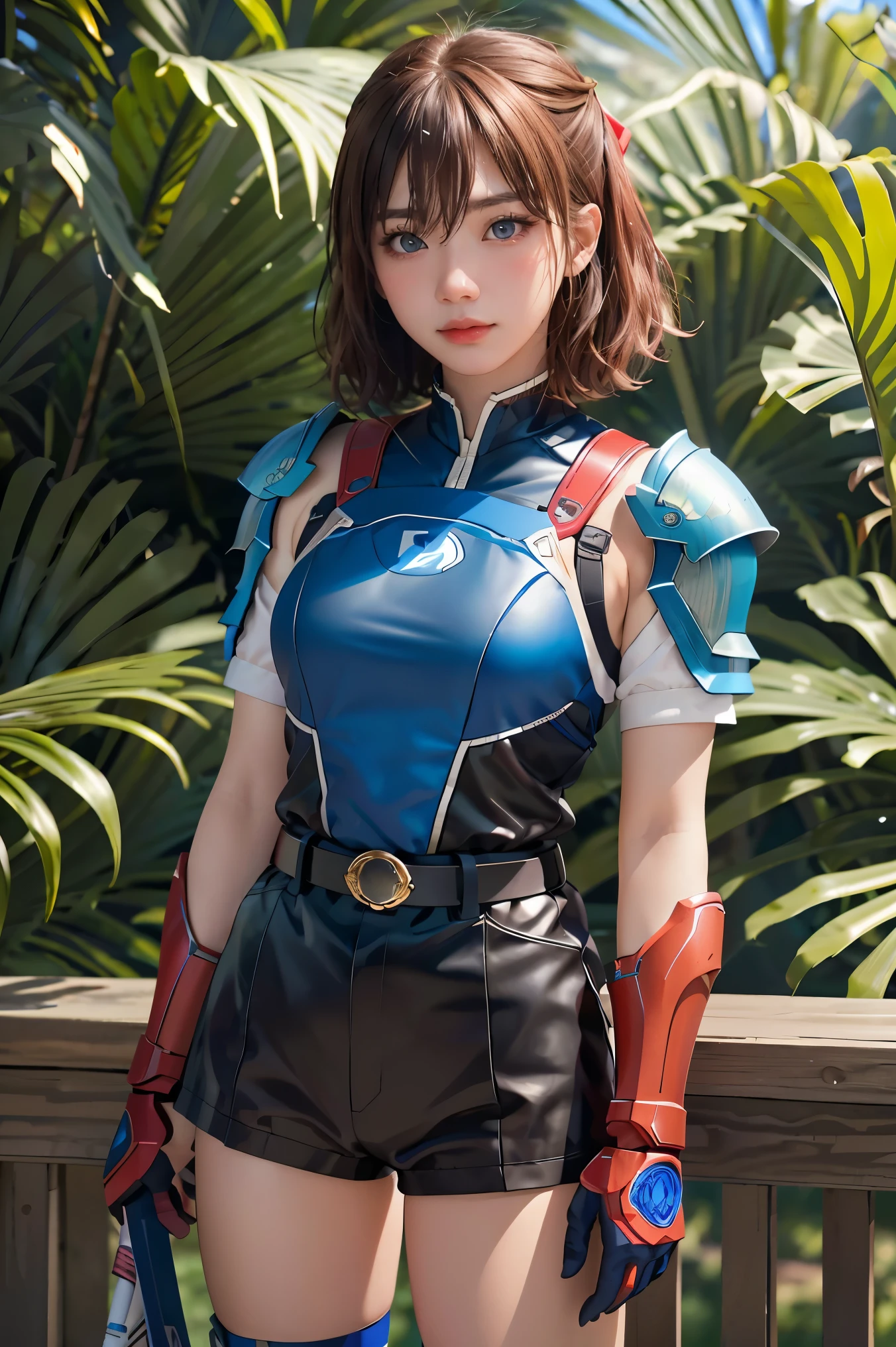 (masterpiece, best quality), 1girl, <lora:dmalise-nvwls-v1:0.8> alise, ponytail, armor, shoulder armor, sleeveless shirt, black shorts, belt, clothes around waist, black thighhighs, gauntlets