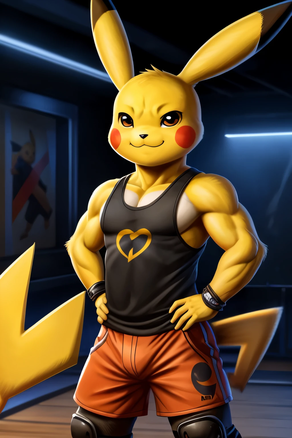 Pikachu, (((masterpiece))), ((a high resolution)), ((Detailed portrait)), ((I look at the viewer)), long yellow pointed ears, Brown clear eyes, corpus luteum, Athletic male body (six pack), yellow lightning tail with black heart-shaped tip, (male pikachu tail), Big, Strong position, black sports tank top, orange skinny shorts, Black bracelets, knee pads, hands on hips, smug smile (mouth closed), seductive look:3, head tilt, black triangular nose, ((simple detailed background))