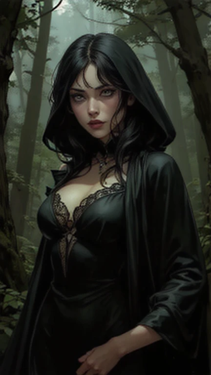 A beautiful elf queen with hazel eyes, tan skin, and long black curly hair, heavy dark eyeliner, black lipstick, She is wearing a shining white hood while standing in glowing green woods