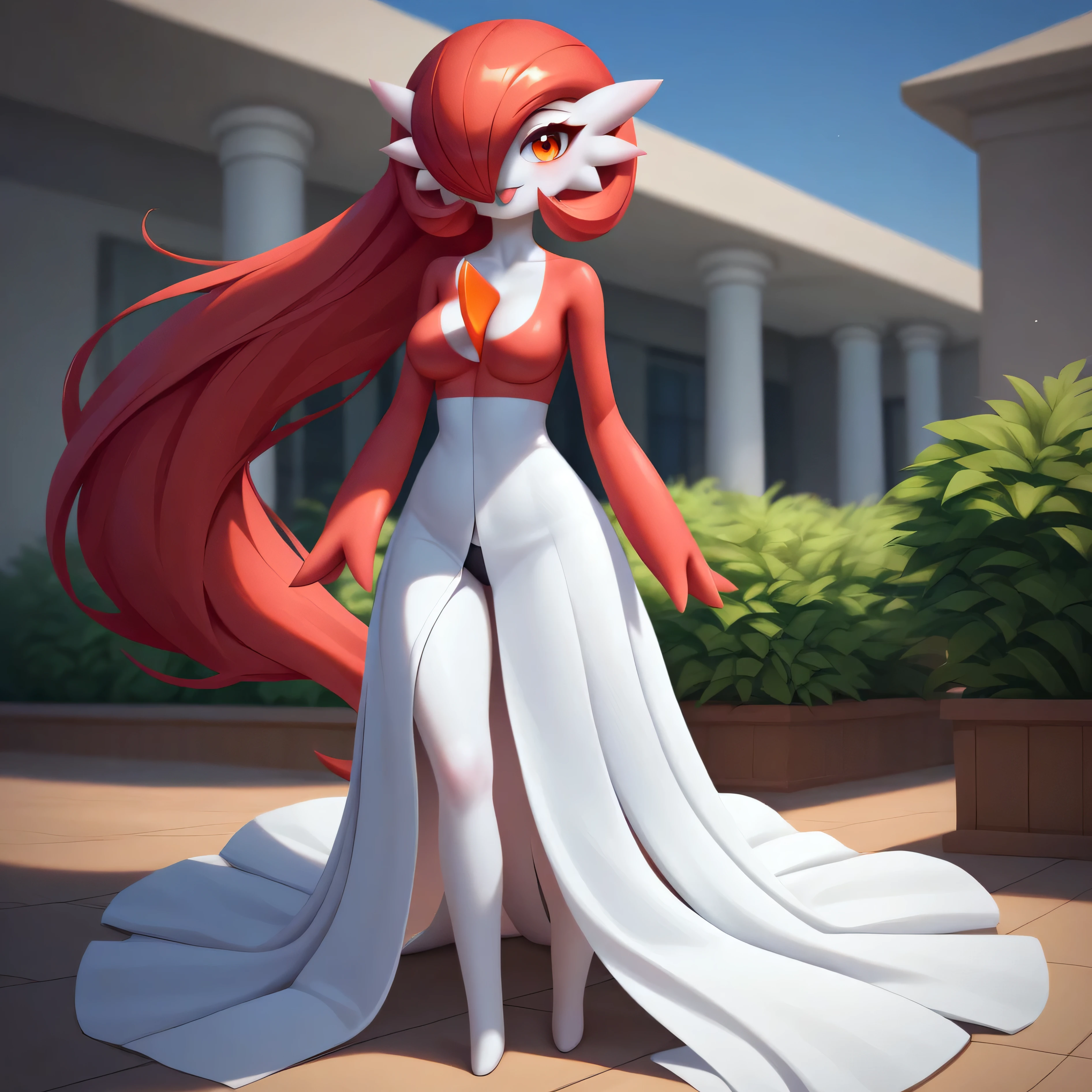 masterpiece, best quality, best quality, detailed eyes, detailed face, detailed skin, vivid eyes, score_9, score_8_up, score_7_up, full body shot, 1girl, solo, gardevoir, white skin, pale skin, porcelain skin, long hair, large ponytail, bright red hair, orange eyes, red dress top, white dress bottom, parting dress, medium breasts, confident pose, sticking tongue out, winking, black underwear, in front of pool,