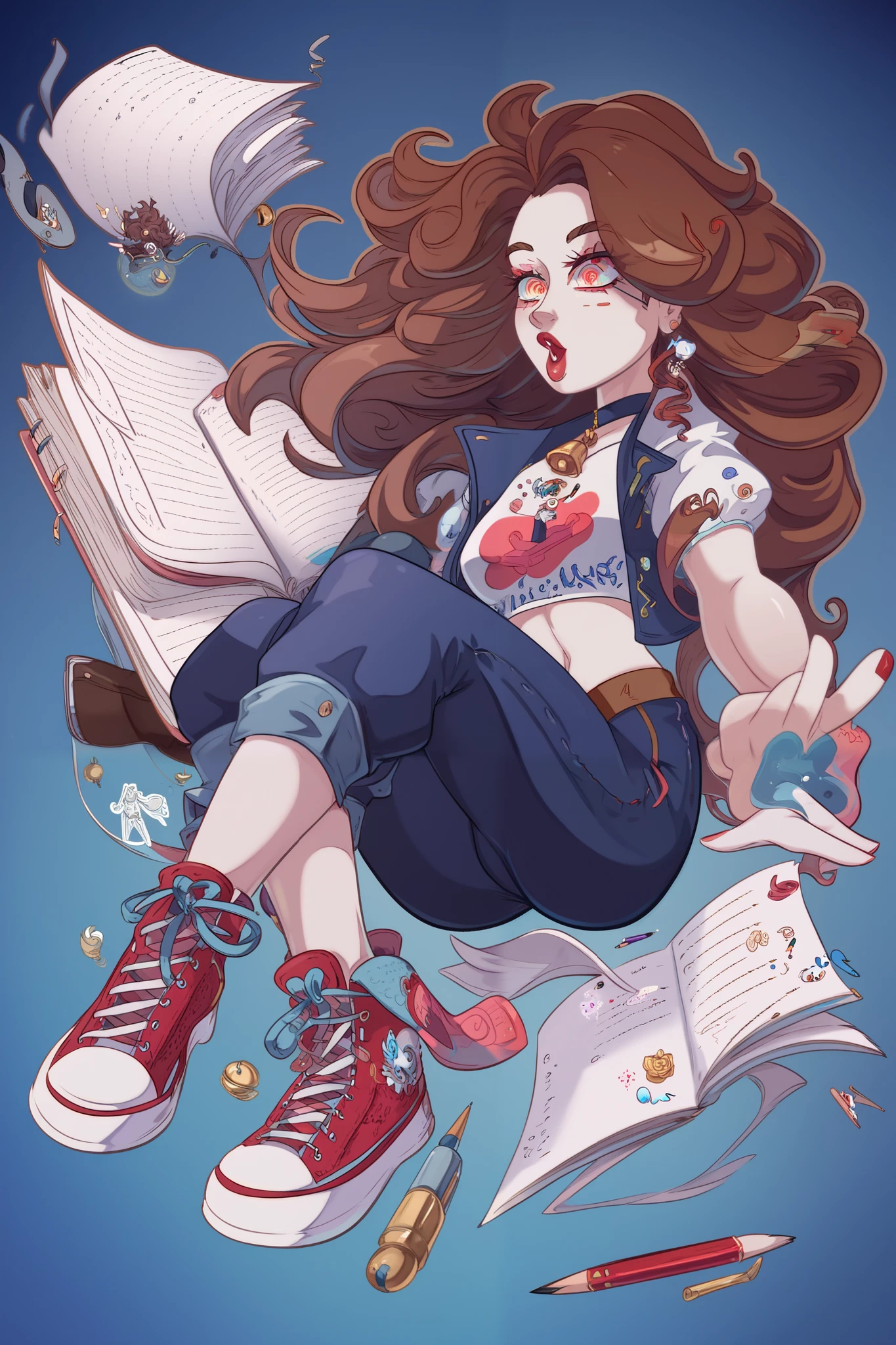 Lineart dark fantasy Digital psychedelic cartoon illustration of a woman floating she has white skin and long curly dark brown hair, she is wearing a mauve crop top and is wearing a bell boot jean and red Converse shoes, ella está flotando cayendo y a su al rededor hay many elements artísticos, floating colored pencils , floating brushes , floating paints , floating canvases , floating gold frames , floating sharpeners , floating eraser , flying book sheets , many elements