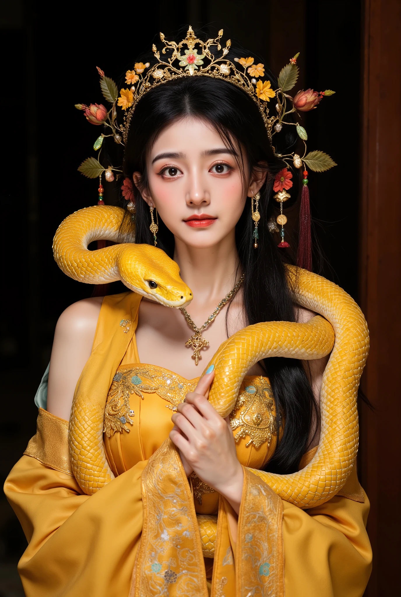  gold snake. best quality,   masterpiece,    High Resolution ,  1 girl,Chinese wedding dress,Headdress,  necklace, Jewelry,beautiful face,more than_  body,   Tyndall Effect  ,逼真的photo,   Dark Studio,  Center lighting  , Bicolor Light ,(HD Skin:1.2), 8K uhd,   DSLR  ,   soft lighting ,   high quality  , Volumetric Lighting, Reality,  photo ,     High Resolution  , 4K, 8K, Bokeh