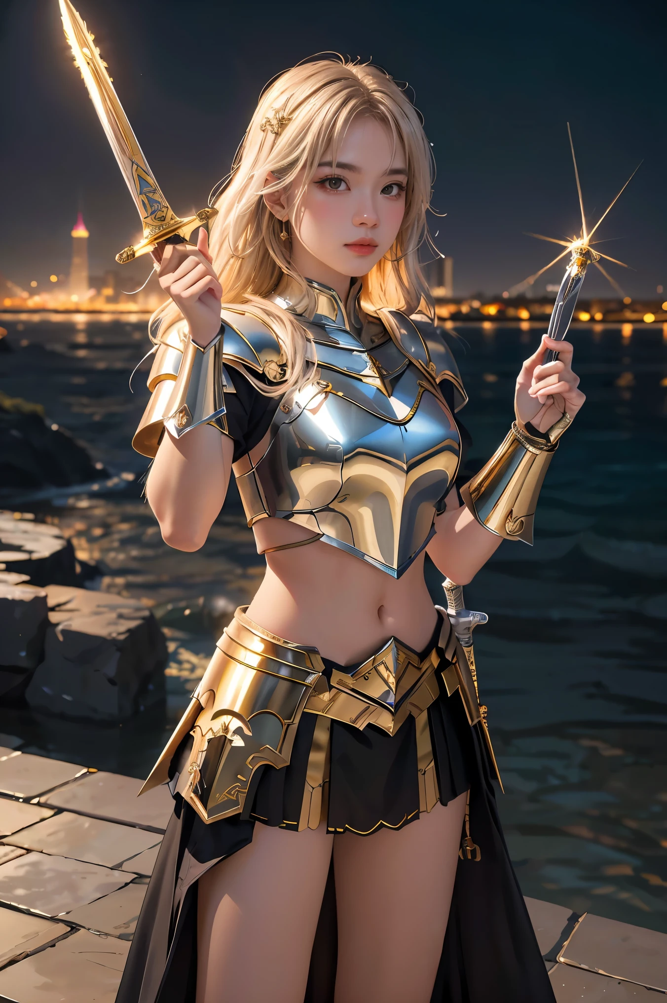 Blond woman in armor holding a sword and a sword in her hand - SeaArt AI