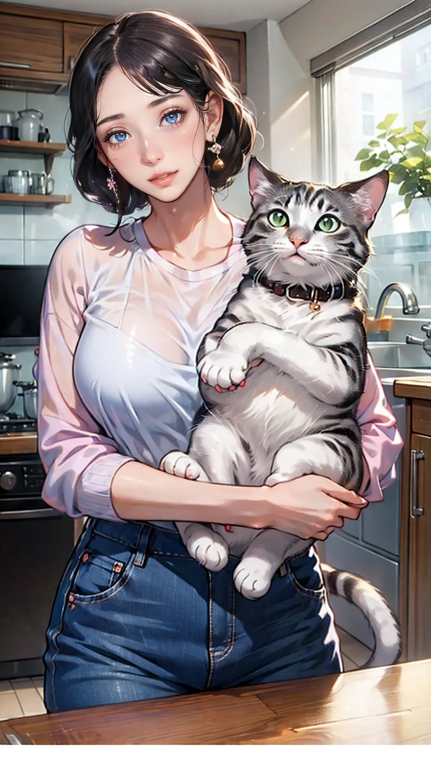 Super realistic T-shirt, shorts, hugging a white cat, smiling face