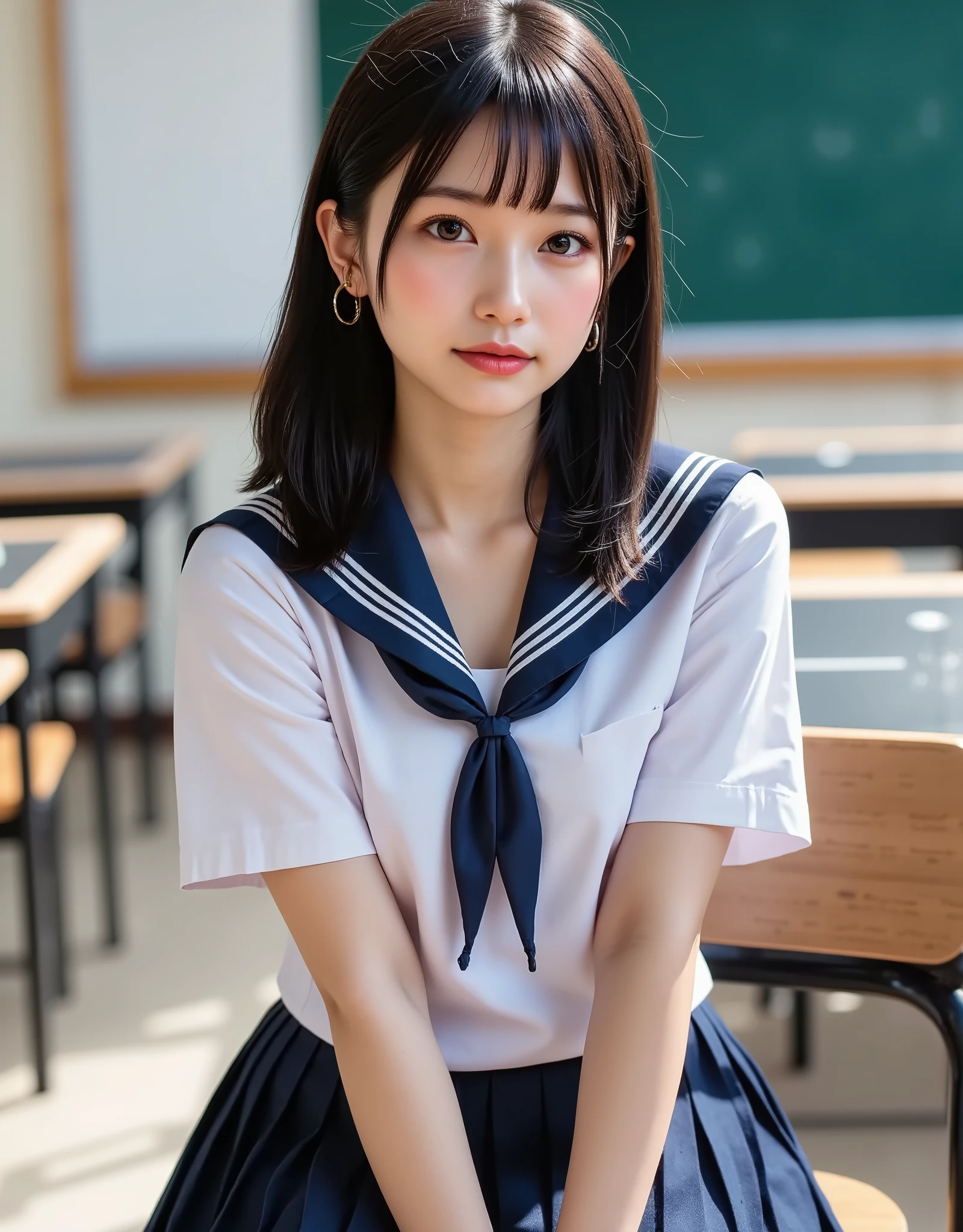 (Canon), (EOS R5), (50mm), ((( Photorealistic:1.5))), (No lens flare :1.5), ((超 high resolution)), (masterpiece), accurate,( realisticな質感の肌), more details, high detail, High Quality , Award-winning work , 最 High Quality , 32K, written depth, digital camera, Award-winning glamour photo , professional lighting, (SFW), ((最 High Quality :1.5)), ((masterpiece:1.5)), (( realistic)), high resolution, realisticな影, Roughness, Real Life,( a very beautiful and cute Japanese woman), ( The cuteness of Japan's top idol ), ((Upper body shot seen obliquely from the front :1.5)), (( upper body shot from head to knee :1.5)), (( cute 18-year-old Japanese high school girl )), (( high school classroom , desk, chair, blackboard, and window visible )), (((スカーフが水色で襟が紺色で3本白色ラインがある半袖白色夏服セーラー服と dark blue flare skirt を着て椅子に座っている:1.8))), (( a white short-sleeved sailor uniform with a navy blue collar)), (( dark blue flare skirt )), (( no accessories)), (( a very cute high school girl with a young look)), Attractive cuteness , seductive pose , Height: 160cm, slim figure, Beautifully shaped bust, D Cup, ((少し歯が見える very cute smile:1.5)), (Alone:1.5), (There is only one person in the classroom), ( brown eyes:1.9), ( Detailed depiction of extremely realistic skin ), (Highly detailed, realistic eyes:1.9), (Very beautiful, long, realistic eyelashes), (Highly detailed, realistic eyebrows), (丸い brown eyes :1.8), ( beautiful catchlight on the eyes), (Realistic lips with moisture ), ( white realistic teeth arranged neatly), ( Beautiful and Detailed Face :1.6), ( hourglass figure :1.6), (Wasp waist :1.5), ( Perfectly round and beautifully shaped bust :1.8), ( clearly contoured cheekbones :1.5), ( perfect style body :1.8), (Healthy body :1.8), (Narrow shoulders:1.9), ( holding hands with mom staring at viewers), ( seductive gaze ), (Beautiful, natural-looking hands), ( beautiful pink nails of a perfect length), ( show your hands as little as possible ), ( very cute smile:1.1), ( her stomach and navel may be slightly visible:1.4), ( black hairミディアムヘアー :1.3), black hair,Natural atmosphere, Very cute type, Beautiful Thighs, (( evening classroom )), (( with a pencil case and notebook on the desk)), (( show your hands as little as possible )), ((I can't show my feet)), blur background, Illuminate the face, dynamic pose with arms behind head, beautiful body line , Beautiful, realistic skin , Art Photography, beautiful soft lighting , accurate手の形, accurate指の形, accurate指の数,5 fingers on one hand