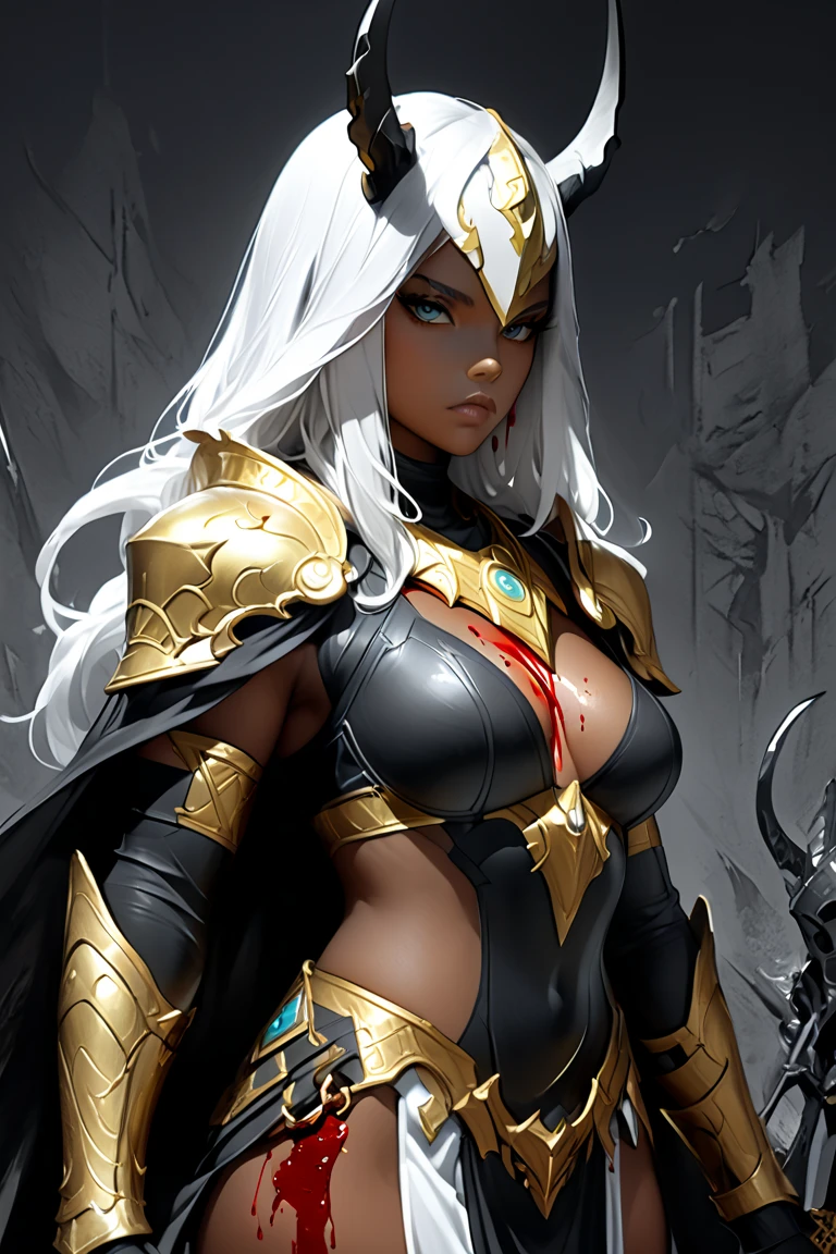 ((best quality)), ((masterpiece)), (detailed), absurdres, portrait, mature female, dark skin, shiny skin, large breasts, thick, muscular, dreadlocks, long dreadlocks, (white hair), yellow eyes, bright eyes, black lips, tribal tattoos, (knight:1.2), (ebony armor), ebony bikiny, solo, solo focus,