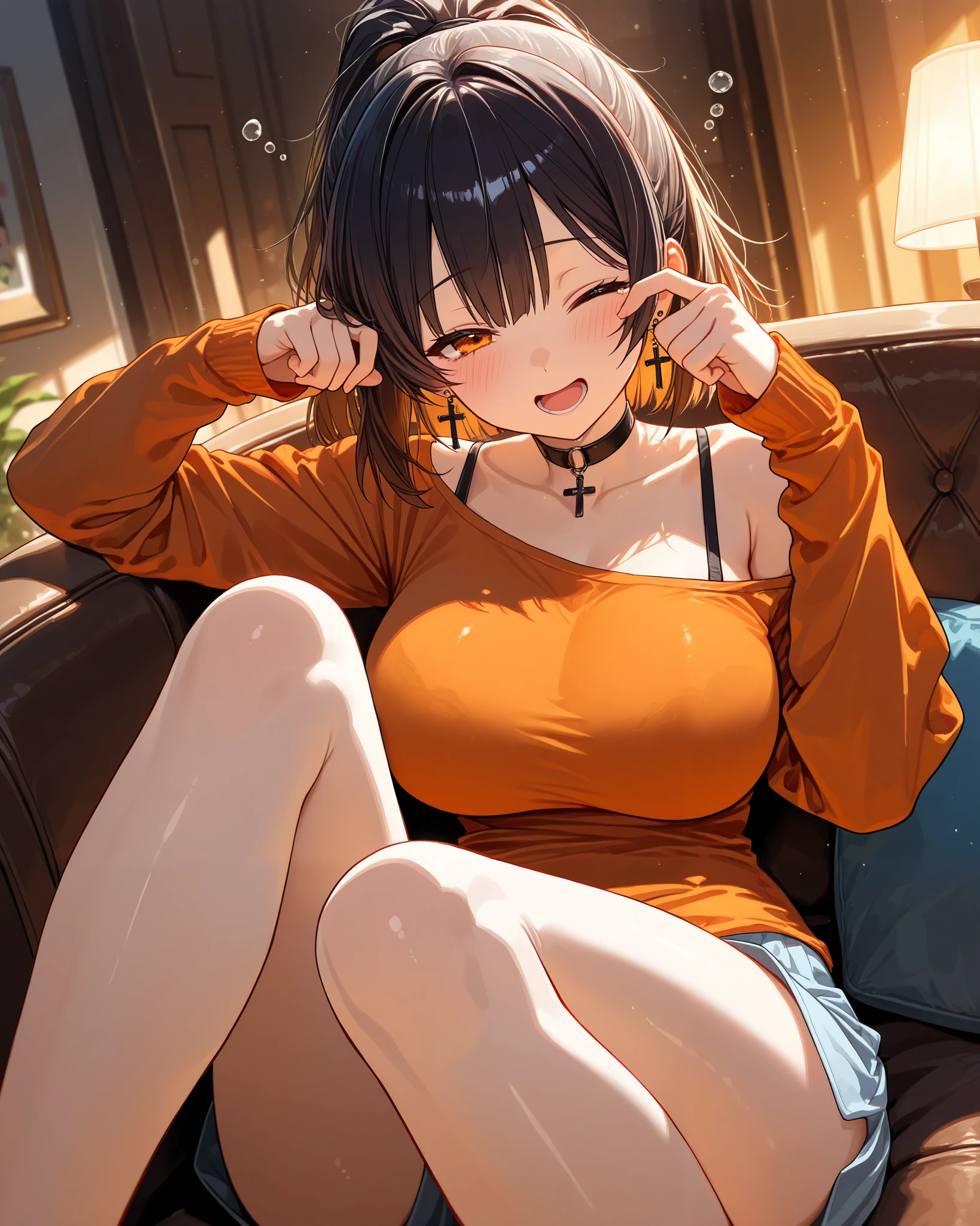 pov, Rub your eyes, A yawn, tearful eyes, knees up, open mouth, Sleepy expression, bstract, neon, very cute face, cute girl, solo, short hair, ponytail hair, ((Black hair with brown ends)), orange eyes, large breasts, long sleeves, orange one shoulder shirt, choker, Bra strap, Culottes pants, cross Pierced earrings, blush, Troubled smile face, curvy beauty, flawless smooth skin, looking at viewer, half closed eyes, one eye closed, living, couch, indoors, particles, fractal, (best quality,4k,8k,highres,masterpiece:1.2),ultra-detailed,intricate details, high fashion, dramatic lighting, warm colors, chiaroscuro