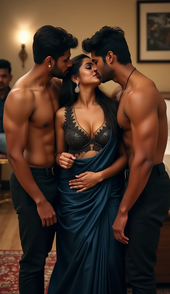 An Indian girl wearing lingerie in the club and 2 boys kissing her