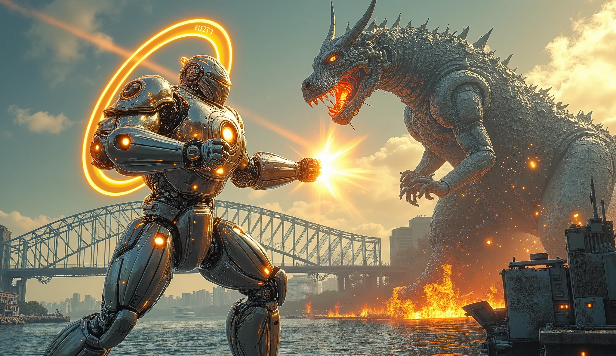 An epic scene of a colossal city super robot engaged in a fierce battle against a gigantic kaiju monster on the Sydney Harbour Bridge. The robot stands majestically, adorned with sleek metallic armor and glowing accents, holding a powerful energy weapon that emits a radiant aura. It is captured in a dynamic and heroic pose, with a circular golden halo illuminating its form and casting light around it.

Facing the robot is a formidable dragon-like creature, a colossal metallic gray beast that breathes fire, showcasing its intimidating presence. The intricate details of both the robot and the kaiju are highlighted, creating a striking visual contrast between the advanced technology of the robot and the primal fury of the dragon.

The background features the iconic Sydney skyline, softly lit to enhance the futuristic atmosphere of the scene. As the robot activates its energy weapon, glowing energy radiates from it, illuminating the chaotic surroundings where the battle unfolds. The artwork combines photorealistic elements reminiscent of Octane render with the artistic styles of Moebius and Greg Rutkowski, resulting in a high-resolution illustration that embodies the thrilling essence of giant battles.

The composition captures the intensity of this clash, blending sophisticated linework with vibrant pastel colors, creating a harmonious yet dynamic portrayal of heroism and destruction. The full-frame image, designed like a movie poster, showcases this iconic mechanical guardian in its epic confrontation against the monstrous dragon, delivering a stunning and beautiful visual narrative.

