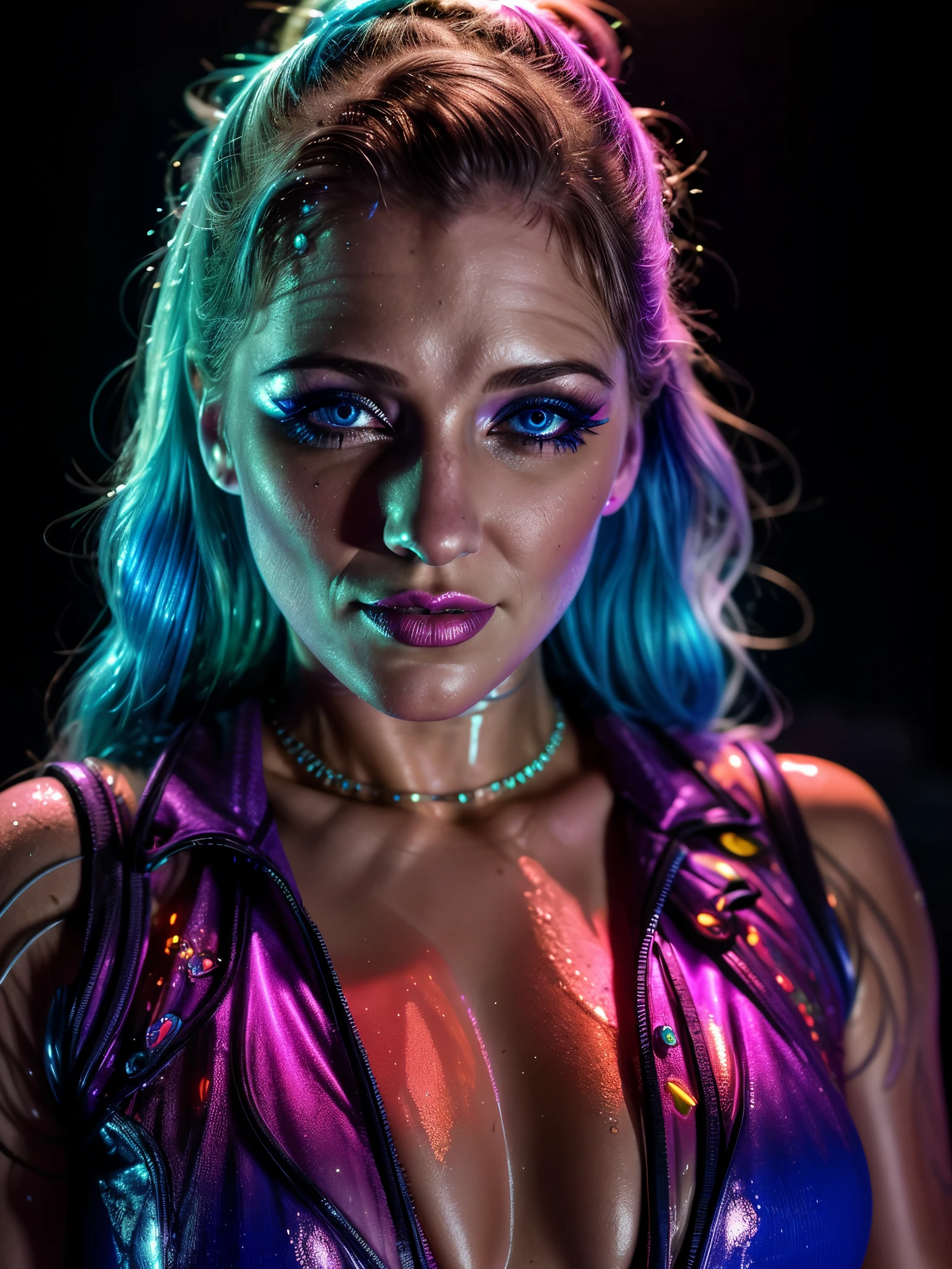 a woman in a colorful neon-lit fashion portrait, beautiful detailed eyes, beautiful detailed lips, long eyelashes, intricate hairstyle, vibrant neon colors, dramatic lighting, high fashion outfit, cinematic composition, photorealistic, 8K, hyper detailed, masterpiece, daring outfit, cleavage, sexy, wet, sprinklers, colored water, dripping, dia.zerva