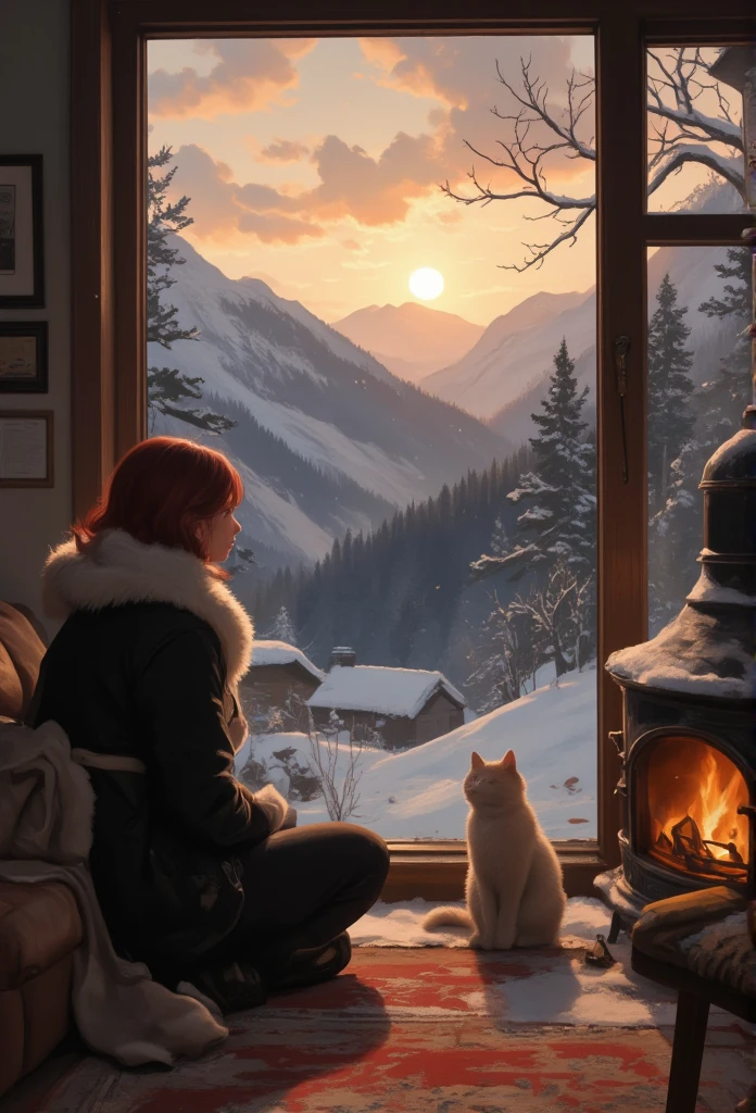 Painting of a woman sitting in front of a window with a cat - SeaArt AI