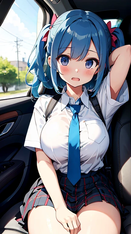 (masterpiece, best quality:1.3), 1girl, huge breasts, indoors, library, dark blue hair, low ponytail, light green eyes, oversized shirt, in car, driving, full-face blush, cute face