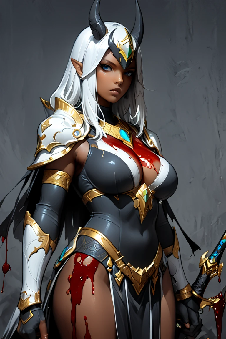 mature female elf, full body, long white hair, pointed ears, white skin, red eyes, confident expression, full plate adorned armor.