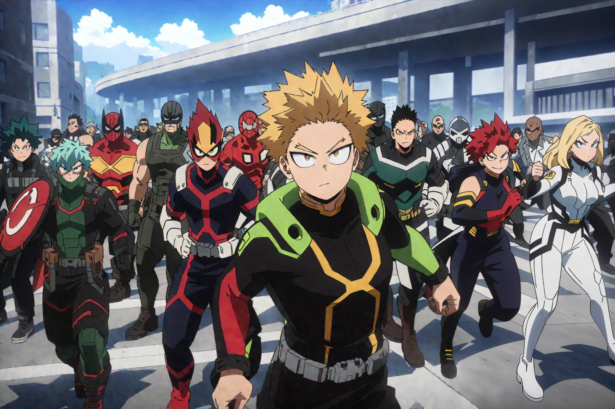 score_9, score_8_up, score_7_up, source_anime, highres, (masterpiece, best quality, (anime, anime coloring:1.3), A bunch of superheroes from various nations running towards action to fight together the terrorist villains. Determined and confident expressions. Colorfull, superhigh res.
Big city avenue background, Daytime, detailed anime lighting, colorfull.
My Hero Academia character, MHA style, anime style, my hero academia, boku no hero academia, animated. Anime, Best Quality, Masterpiece, High Resolution, 4K, perfect body, perfect eyes, perfect eyes, Full Quality, colorfull, Looking at viewer, Anime, Anime Style, High Resolution.