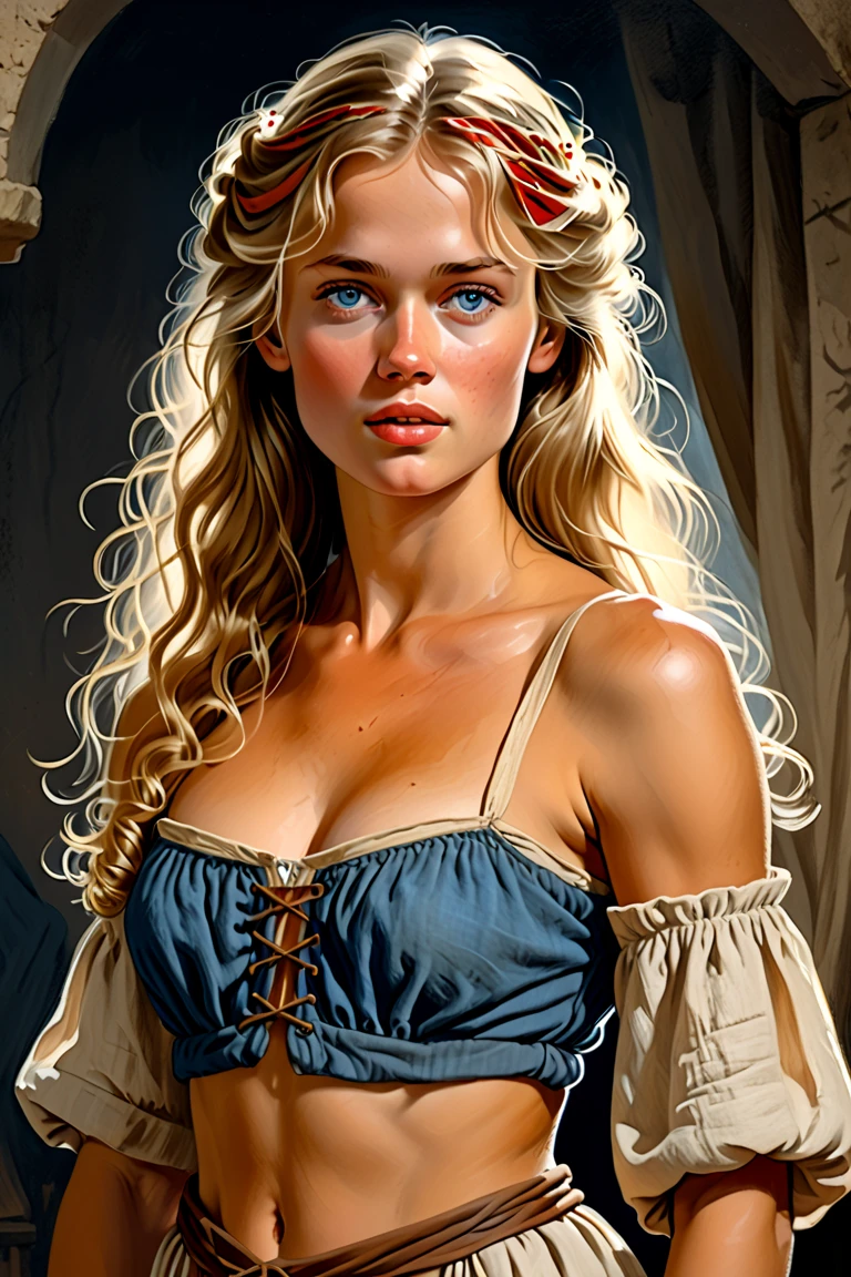 Portrait of a very beautiful medieval young woman Mirena from the film Dracula Untold (2014), feminine image of Mirena from the film Dracula Untold (2014), very beautiful and slender face of Sarah Gadon, long blond thick hair, her hair shimmers with gold, she wears a beautiful medieval European outfit , white linen shirt with elbow sleeves, dark gray and tight corset, low and wide red leather belt around her waist from Dracula Untold (2014), blue eyes, dark gray shadows on her eyelids, long black thick eyelashes, accentuated cheekbones, beautiful sensual red lips, around the 15th century, the Middle Ages, this woman is twenty-six years old -