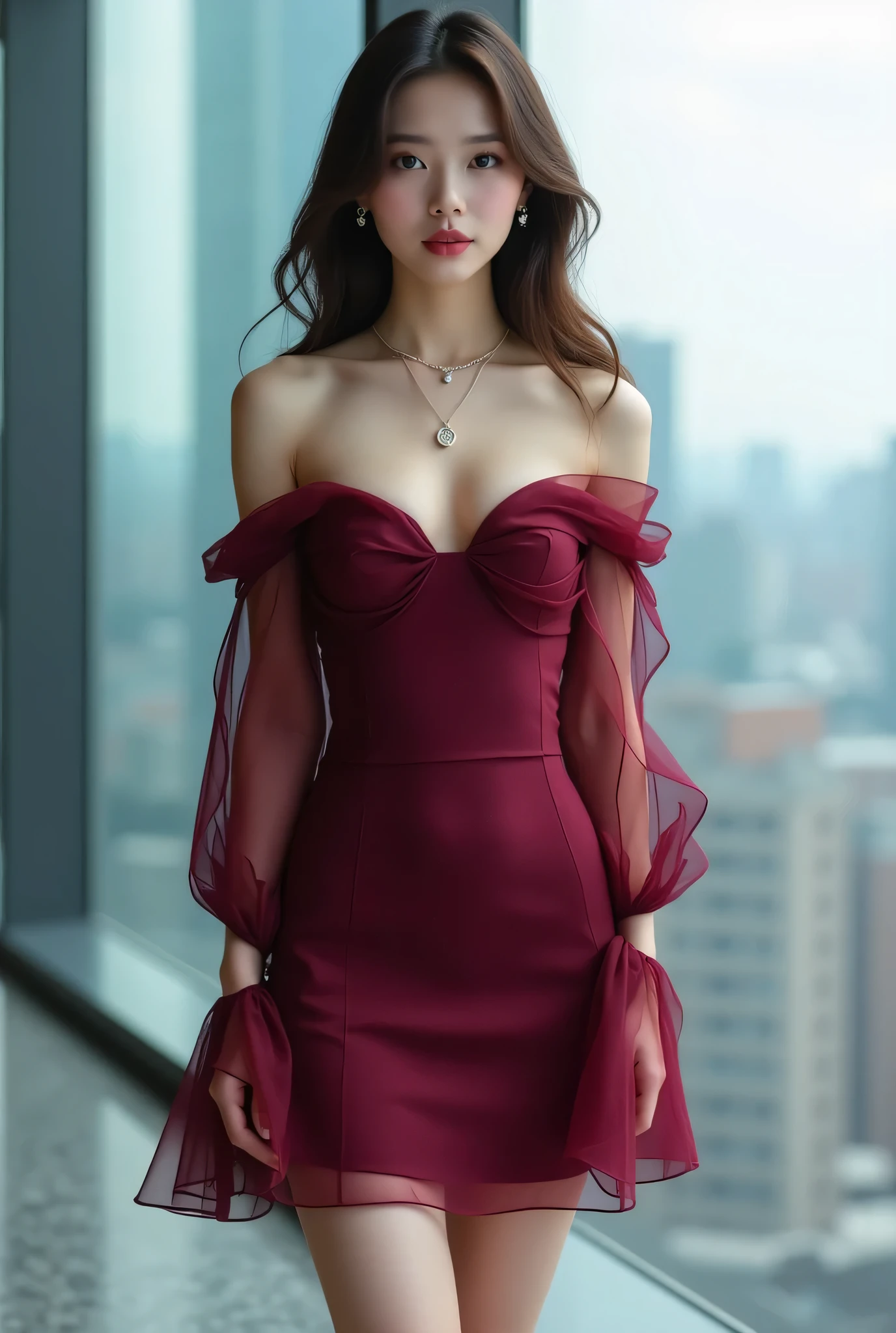 A close up of a woman in a dress standing near a window - SeaArt AI
