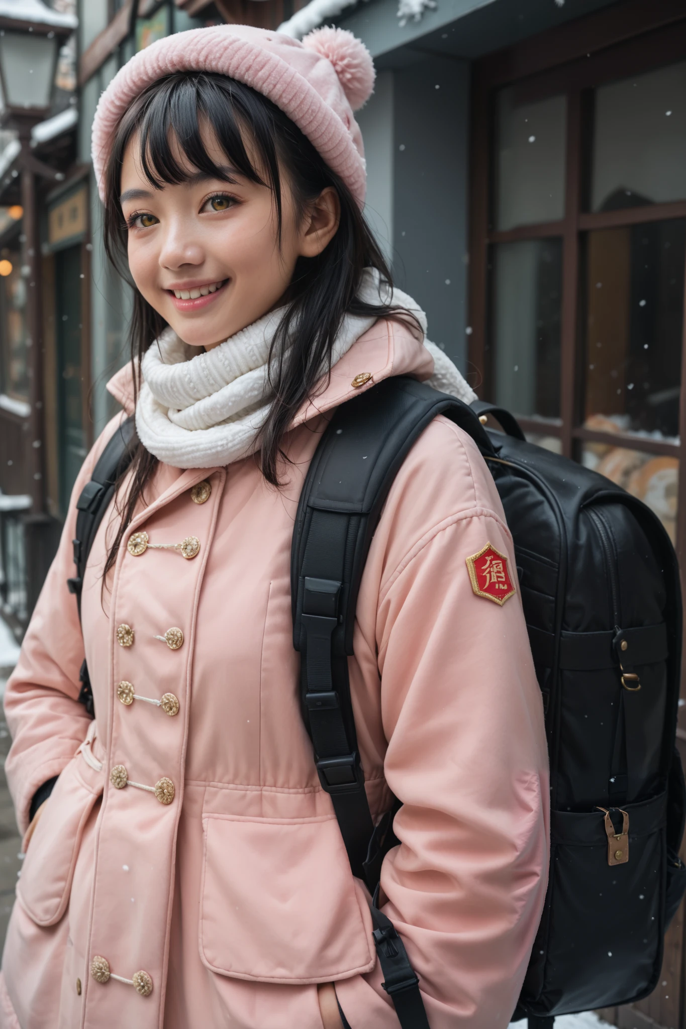 (masterpiece, best quality:1.0), highly detailed, detail, realistic, Chinese girl, (Chinese:1.2), 1girl, black hair, (black hair:1.2), yellow eyes, winter coats, winter headcaps, white scarf, pink coats, outdoor, smile, standing, outdoor, cowboy shot, carries backpack