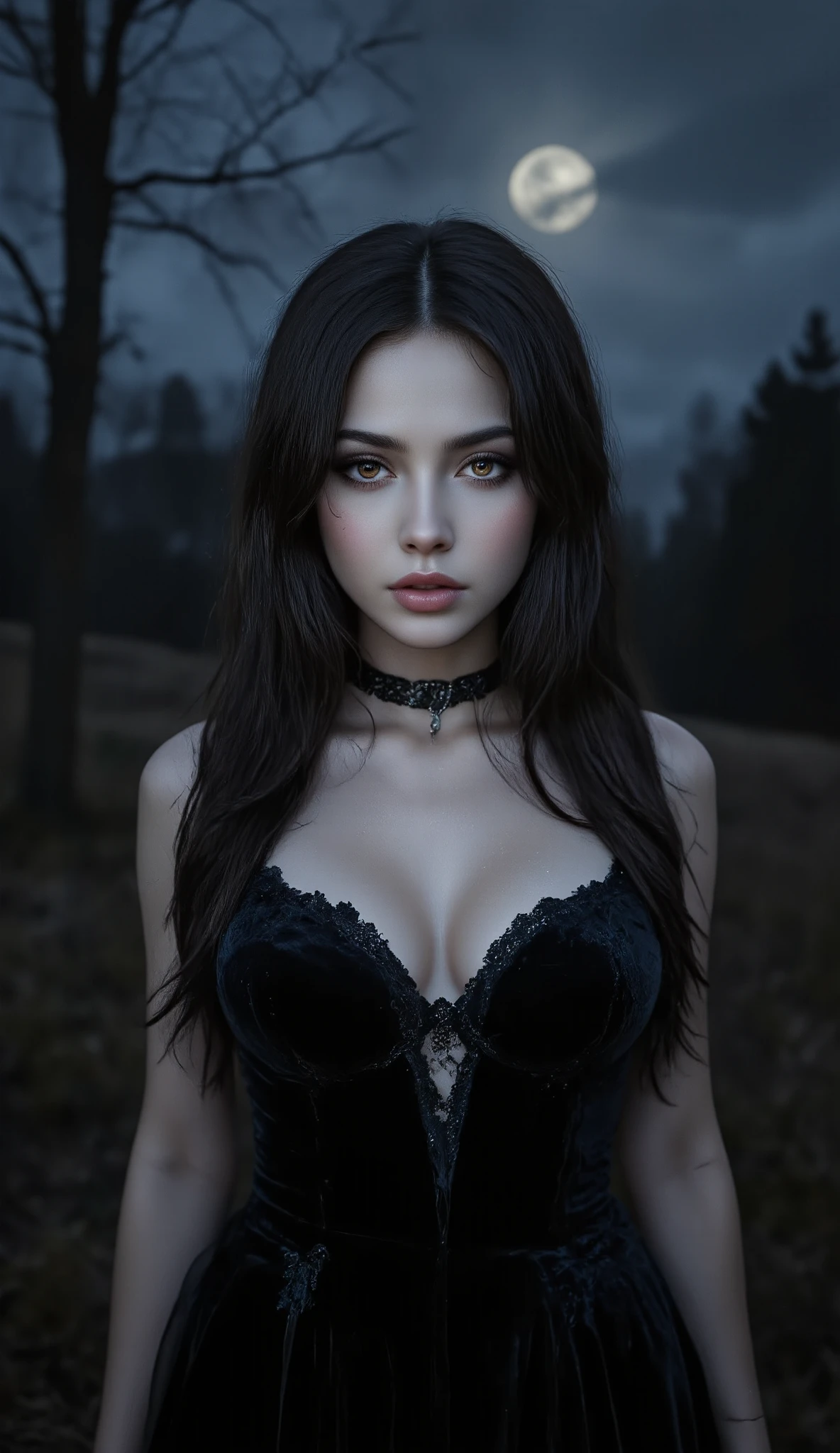 "An immortal woman of enigmatic appearance,with big breast, with long dark hair that is elegantly styled. Her skin is pale and luminous, with fine features and deep amber eyes. She wears a gothic black velvet dress with intricate lace detailing. The scene is set on a quiet night, with a full moon in the sky and a dark, foggy forest landscape in the background. The woman stands with a serene, contemplative expression, radiating mystery and elegance, in a gothic, romantic atmosphere."