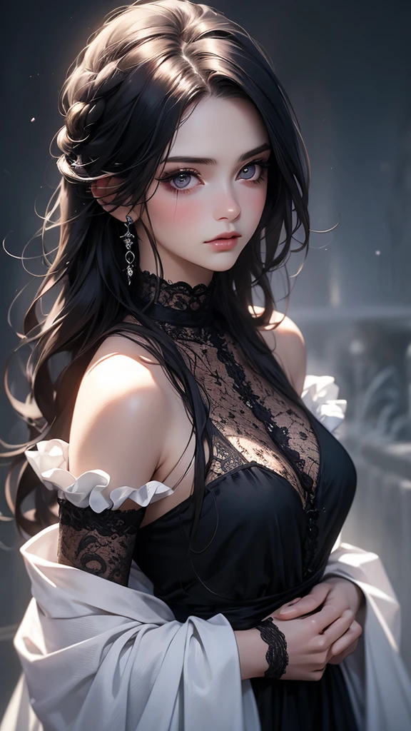 ((Masterpiece, Best quality)),Best-aesthetic,1girll, Solo, Long hair, Black dress, flower, ribbon, Black background, Black hair, Rose, Hair ribbon, Green eyes, Long sleeves, White rose, Closed mouth, Black ribbon, Upper body, Cinematic lighting,((huge tit,gigantic cleavage breasts))