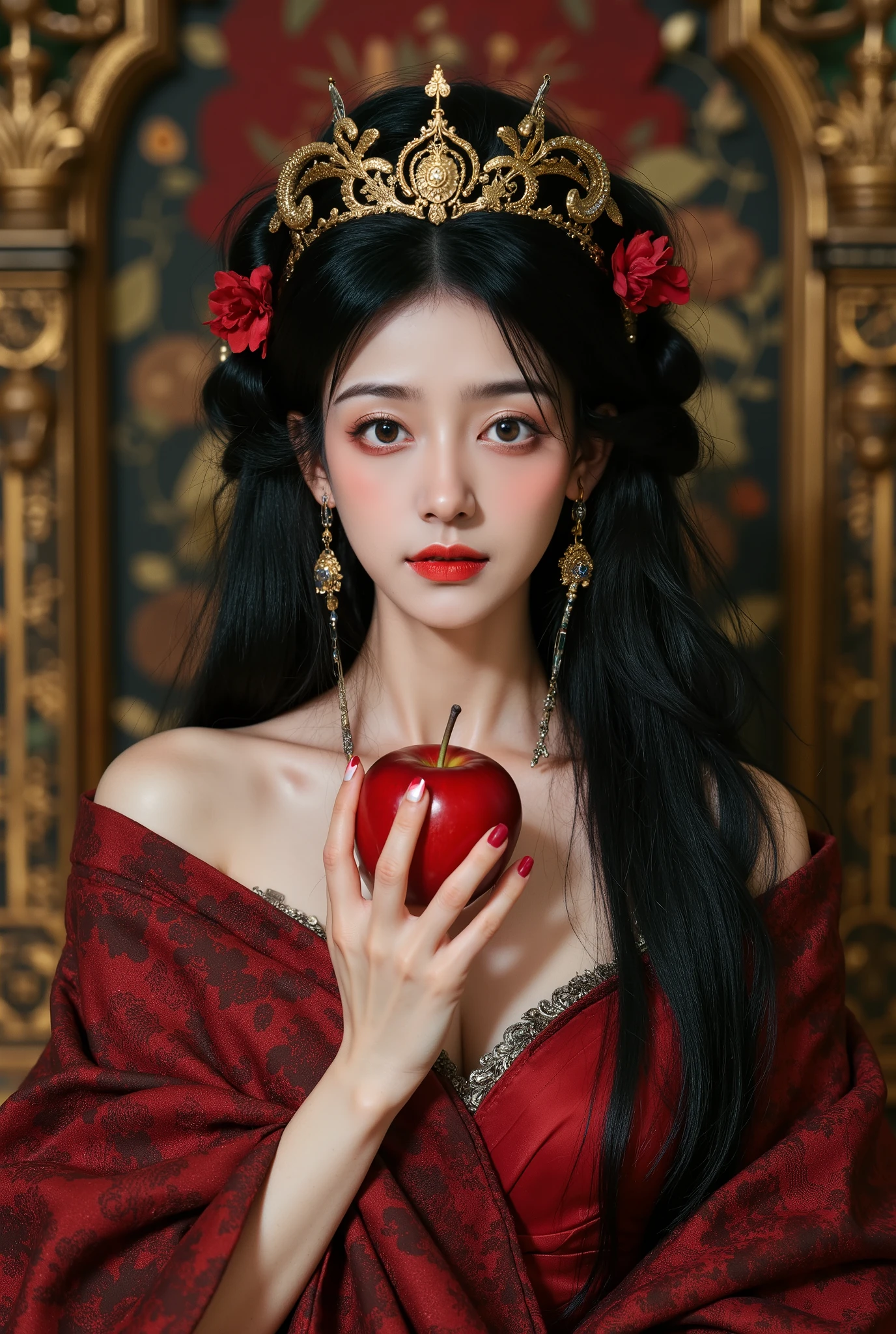gold snake.(( original photo), absurd, ( absurd resolution)), masterpiece , best quality, ( Extremely fine 8k unit CG wallpaper), ( Best illustration ), ( Best shadow ), Realistic Lighting , Detailed and handsome flash , (( 21 years old)), girl, Long black hair , Queen Black, Accessories , apple in her hand, Poison Apple, Witch Queen, red lipstick, ((( Her photography perspective )))