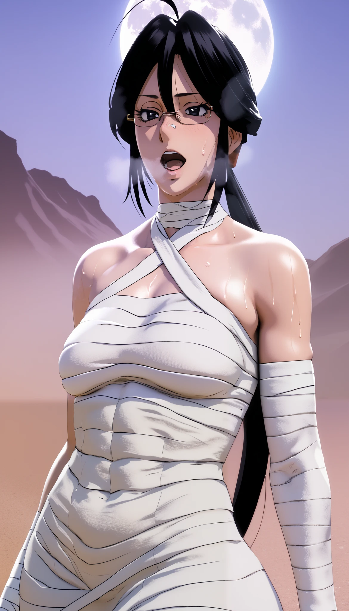 aRoodNoodle,artstyle, soft colors, pastel colors, desaturated, score_9, score_8_up, score_7_up, source_anime, sae shirai, long hair, black hair, ponytail, ahoge, glasses, black eyes, hair between eyes, sidelocks, medium breasts,, mummy costume, bandages, halloween costume, bandaged arm, zombie pose, bandage on face,, desert, moon, night, open mouth, , dutch angle, cowboy shot, 3d, cgi, (voluptuous:1.3), (thick:1.3), BREAK UHD, retina, masterpiece, accurate, anatomically correct, textured skin, super detail, high details, high quality, award winning, best quality, highres, 4K, black nails, makeup, eyelashes, excessive sweating, sweating, sweating drop, (gasping, heavy breathing:1.3), (skindentation:1.2), perfect eyes, beautiful eyes, eyelashes, makeup, detailed body, perfect body,
