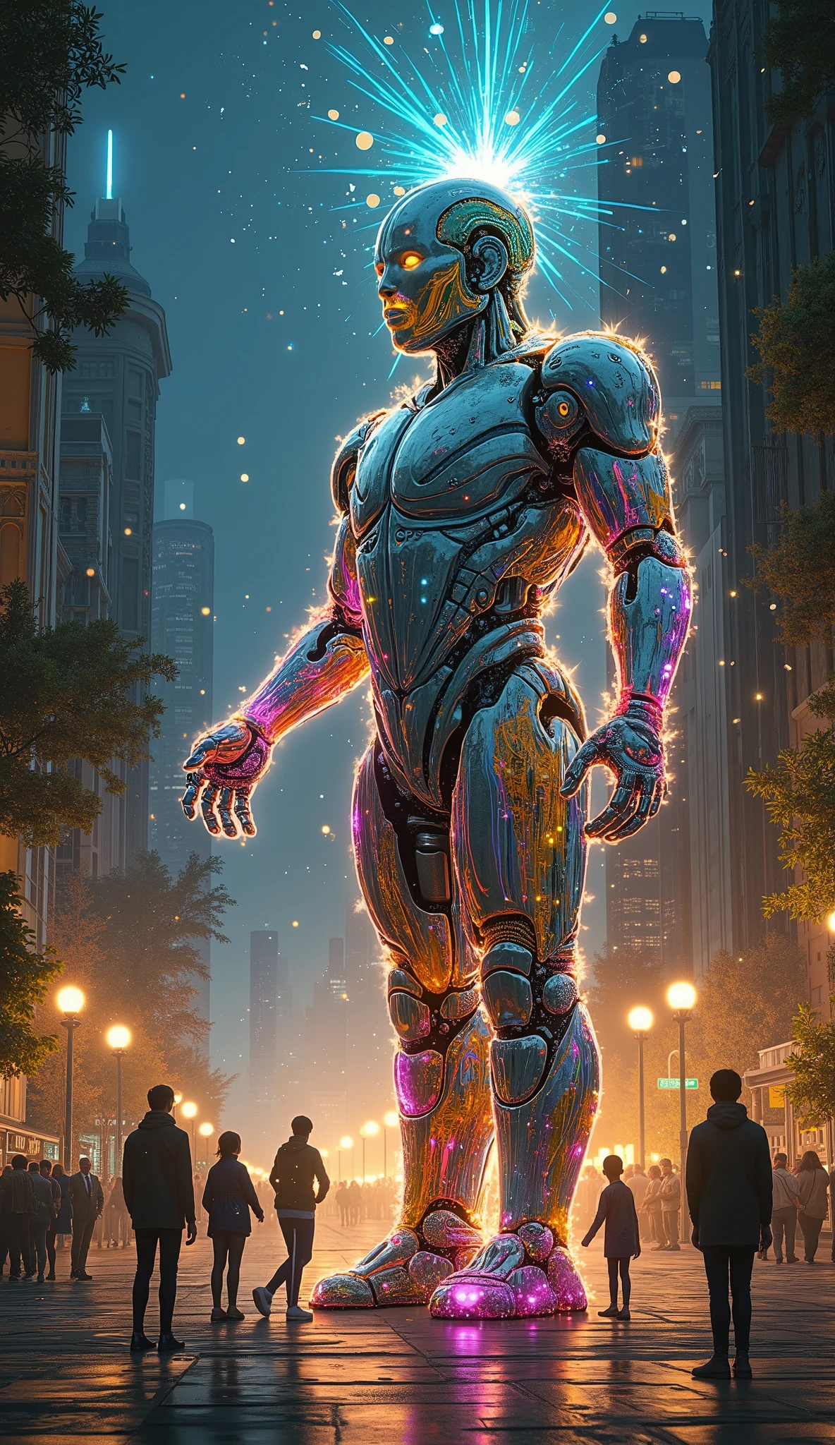 A mesmerizing urban scene depicting the intertwining of time and space, where one side showcases a dazzling nighttime cityscape filled with modern skyscrapers, while the other features the tranquil outlines of ancient architecture. This juxtaposition of ancient ruins and modern technological marvels creates a striking contrast, suggesting a deep connection between the city and its history.
At the center of this fantastical setting stands a colossal robot formed from flowing colored energy or transparent crystal-like material. Its surface sparkles with rainbow hues, featuring an abstract and artistic design that embodies a perfect fusion of natural elements and technology, exuding an aura of mystery and harmony that transcends reality.
The robot interacts with its urban environment in enchanting ways: as its finger gently touches the ground, a lush park springs to life; its breath transforms into soft rain, nourishing the thirsty streets, creating a scene of symbiosis between the robot and the city.
Citizens react with wonder to the robot's presence. Children play joyfully around it, treating it as their giant friend, while adults engage in a form of telepathic communication, sharing knowledge and wisdom, highlighting the profound emotional connection between humans and the robot.
The atmosphere is alive with fantastical light and color, as non-natural light effects, like rainbow beams emanating from the robot, intertwine with the city’s neon lights, forming flowing visual narratives. The color palette is vibrant and contrasting, evoking a dreamy yet surreal ambiance.
Hidden details within the robot's design reveal ancient patterns or symbols representing forgotten languages or civilizations, and it carries small artifacts—like an old book or a delicate musical instrument—that hint at its deep ties to human culture. These intricacies spark curiosity, inviting viewers to explore the enchanting stories behind the robot and the city.