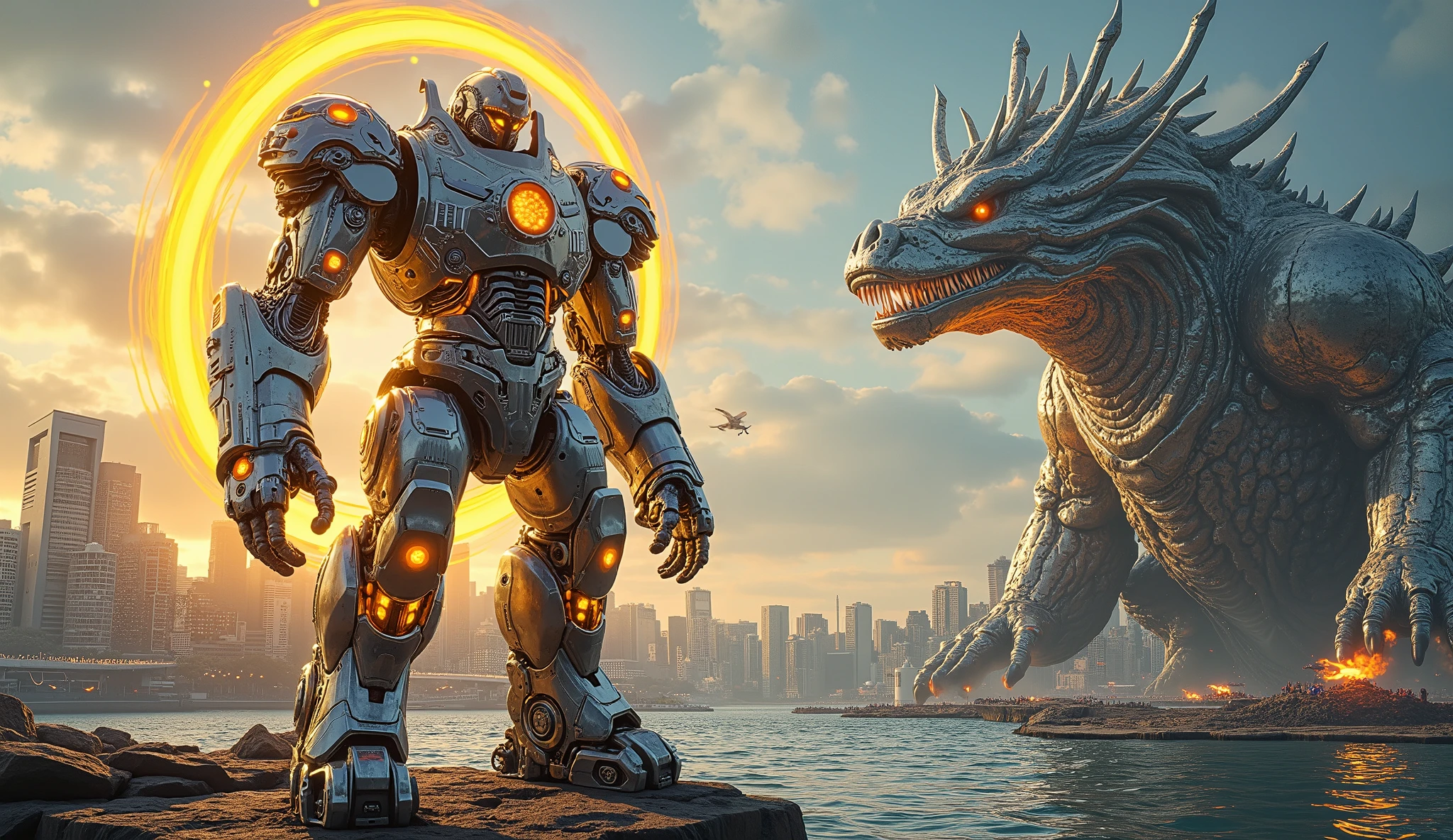 An epic scene of a colossal city super robot engaged in a fierce battle against a gigantic kaiju monster on the Sydney Harbour Bridge. The robot stands majestically, adorned with sleek metallic armor and glowing accents, holding a powerful energy weapon that emits a radiant aura. It is captured in a dynamic and heroic pose, with a circular golden halo illuminating its form and casting light around it.

Facing the robot is a formidable dragon-like creature, a colossal metallic gray beast that breathes fire, showcasing its intimidating presence. The intricate details of both the robot and the kaiju are highlighted, creating a striking visual contrast between the advanced technology of the robot and the primal fury of the dragon.

The background features the iconic Sydney skyline, softly lit to enhance the futuristic atmosphere of the scene. As the robot activates its energy weapon, glowing energy radiates from it, illuminating the chaotic surroundings where the battle unfolds. The artwork combines photorealistic elements reminiscent of Octane render with the artistic styles of Moebius and Greg Rutkowski, resulting in a high-resolution illustration that embodies the thrilling essence of giant battles.

The composition captures the intensity of this clash, blending sophisticated linework with vibrant pastel colors, creating a harmonious yet dynamic portrayal of heroism and destruction. The full-frame image, designed like a movie poster, showcases this iconic mechanical guardian in its epic confrontation against the monstrous dragon, delivering a stunning and beautiful visual narrative.

