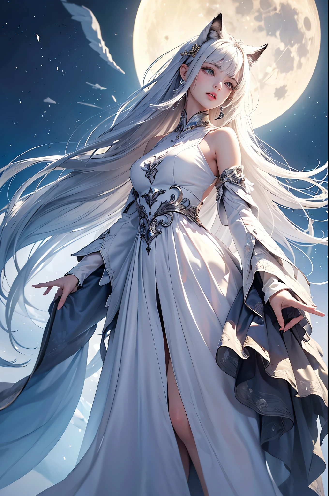 A serene night scene featuring a moon goddess in a tranquil landscape. The background is a dark, star-filled sky with a full moon casting a gentle silver glow. The goddess stands by a calm lake that reflects the moonlight, creating a mirror-like effect. She has a serene and comforting expression, wearing flowing white robes that resemble moonlight. Her hair is silver and seems to blend with the moonlight, and her eyes sparkle like stars. Small, glowing orbs float around her, illuminating the night. The atmosphere is calm and serene, evoking a sense of peace and quiet reflection.