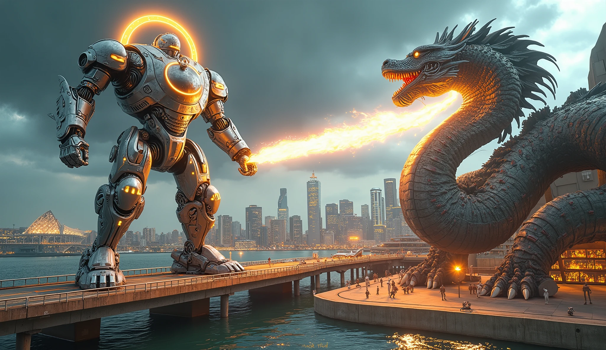 An epic scene of a colossal city super robot engaged in a fierce battle against a gigantic kaiju monster on the Sydney Harbour Bridge. The robot stands majestically, adorned with sleek metallic armor and glowing accents, holding a powerful energy weapon that emits a radiant aura. It is captured in a dynamic and heroic pose, with a circular golden halo illuminating its form and casting light around it.
Facing the robot is a formidable dragon-like creature, a colossal metallic gray beast that breathes fire, showcasing its intimidating presence. The intricate details of both the robot and the kaiju are highlighted, creating a striking visual contrast between the advanced technology of the robot and the primal fury of the dragon.
The background features the iconic Sydney skyline, softly lit to enhance the futuristic atmosphere of the scene. As the robot activates its energy weapon, glowing energy radiates from it, illuminating the chaotic surroundings where the battle unfolds. The artwork combines photorealistic elements reminiscent of Octane render with the artistic styles of Moebius and Greg Rutkowski, resulting in a high-resolution illustration that embodies the thrilling essence of giant battles.
The composition captures the intensity of this clash, blending sophisticated linework with vibrant pastel colors, creating a harmonious yet dynamic portrayal of heroism and destruction. The full-frame image, designed like a movie poster, showcases this iconic mechanical guardian in its epic confrontation against the monstrous dragon, delivering a stunning and beautiful visual narrative.