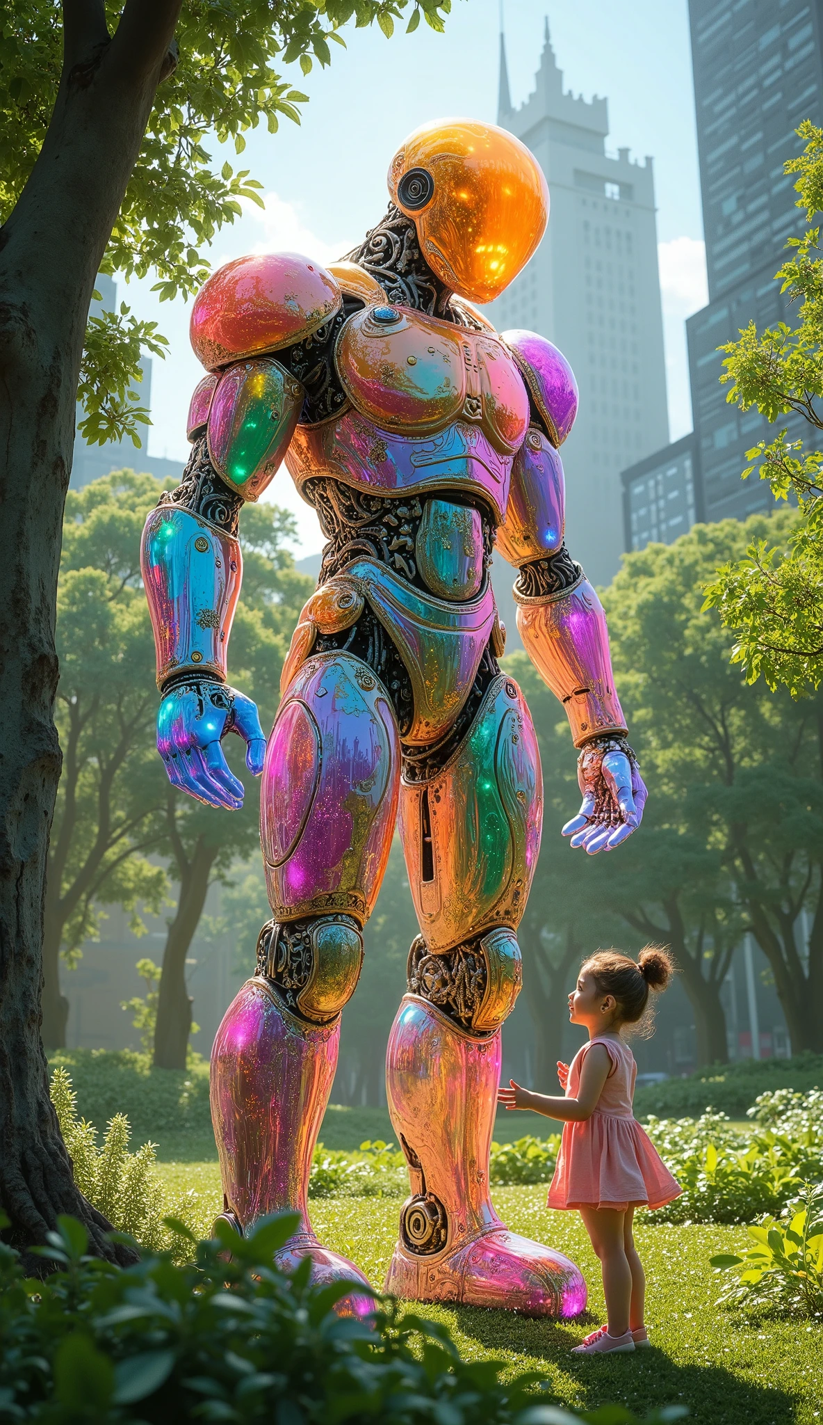 In this captivating scene, the colossal robot, composed of flowing colored energy and transparent crystal-like material, stands protectively over a girl. The robot’s surface sparkles with rainbow hues, radiating a sense of warmth and security. Its towering figure casts a gentle shadow, creating a safe haven for the child beneath its watchful gaze.
The , with wide eyes full of wonder, looks up at the robot as if seeing a guardian from a fairy tale. She is surrounded by vibrant greenery sprouting from the ground, a testament to the robot’s ability to nurture the environment with its touch. The lush park blooms around them, creating a serene atmosphere that contrasts beautifully with the futuristic urban backdrop.
On one side, the dazzling cityscape glows with modern skyscrapers, while the other features the tranquil outlines of ancient architecture, emphasizing the timeless connection between the past and the present. The robot, embodying a blend of nature and technology, seems to resonate with the essence of both worlds.
As soft beams of rainbow light emanate from the robot, they envelop the girl in a protective aura, symbolizing the bond between them. The scene captures a moment of harmony and courage, showcasing the robot not only as a guardian but also as a friend, fostering a sense of safety and belonging in this fantastical urban environment.