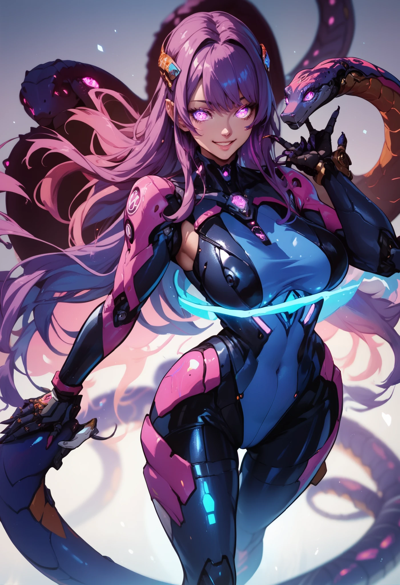 Sci-fi style girl. Mechanical bodysuit. Purple image color. Long hair. Straight hair. Even bangs. Smiling. Glowing eyes. Multiple snakes growing from body. Mechanical snake. Thighs. Thick legs. Breasts perky.
