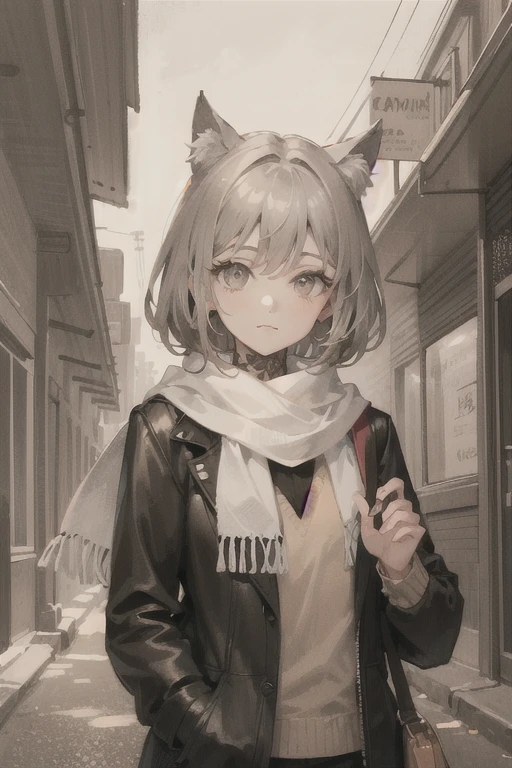 Black and White, ((sepia)), ((Pencil drawing )), Masterpiece, best quality , 1 girl, Gray Hair, medium hair with visible tattoos , Cat ears, open your eyes, stares at viewers, :3, is cute , scarves , jacket , outdoor , That's right.