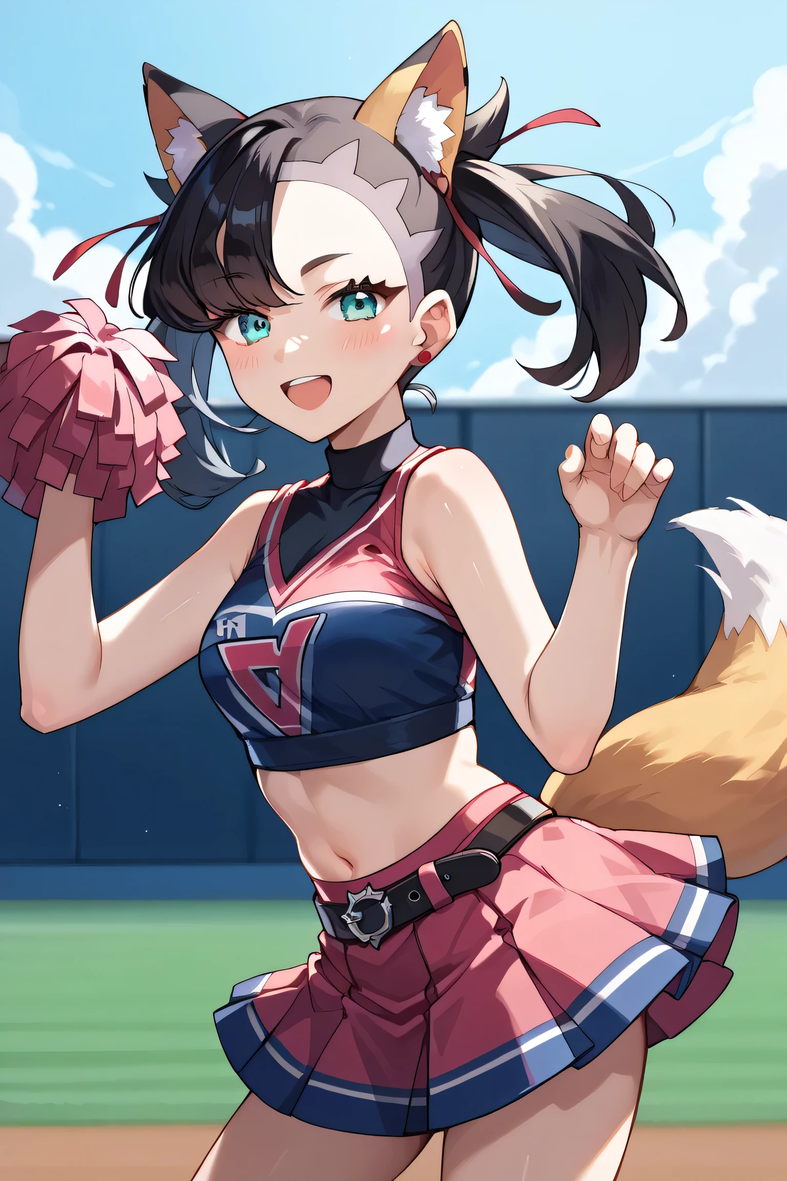 score_9, score_8_up, score_7_up, score_6_up, score_5_up, score_4_up, source_anime, black hair, twin tails, Marnie (Pokémon), red ribbon, blue eyes, 1 girl, solo, fox dance, cheerleader, layered skirt, front paw pose, fox ears, white belt, fox tail, baseball field, black shirt, black skirt, crop top, sleeveless shirt, midriff, blushing, smiling, open mouth, , cowboy shot, , , cowboy shot, solo