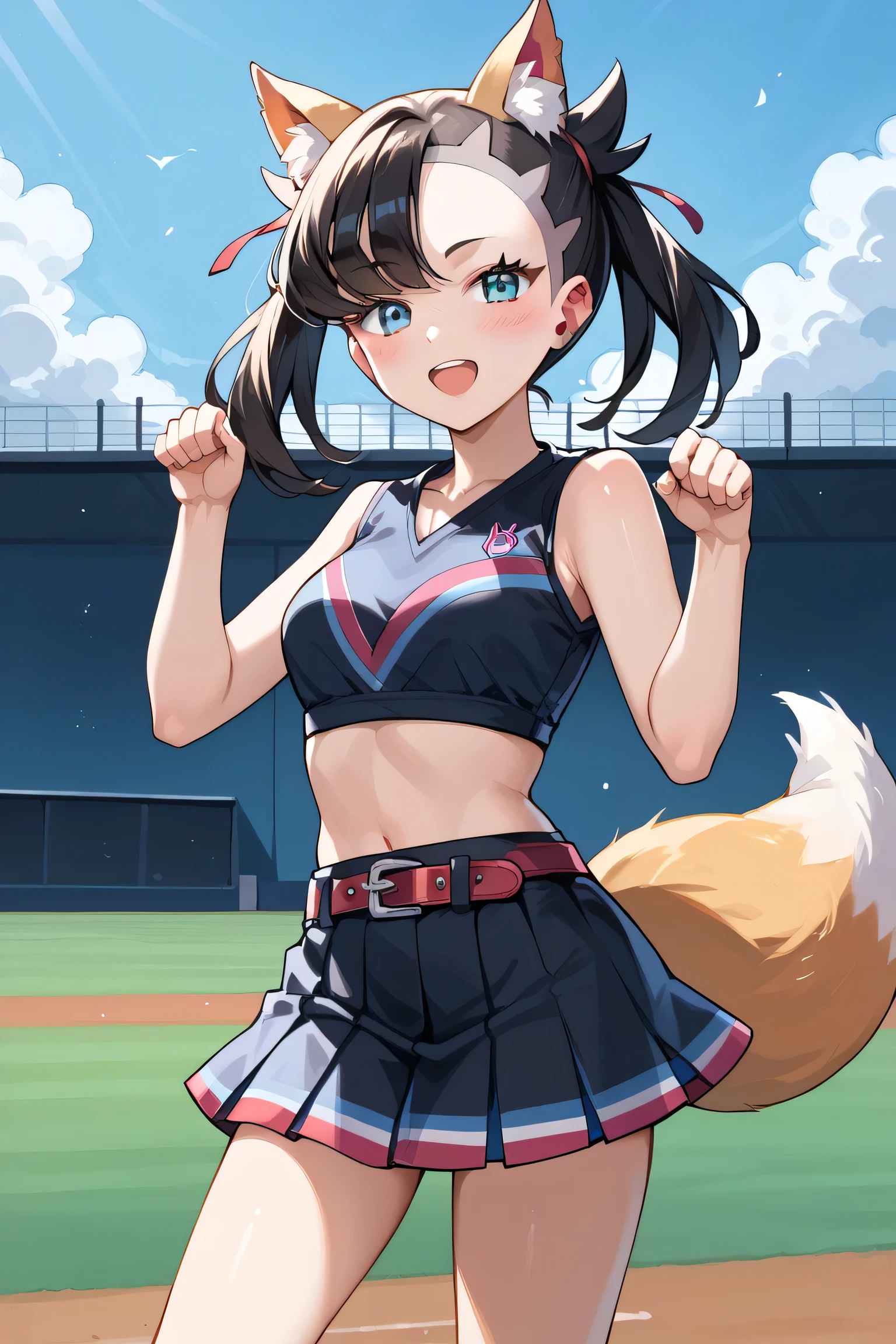score_9, score_8_up, score_7_up, score_6_up, score_5_up, score_4_up, source_anime, black hair, twin tails, Marnie (Pokémon), red ribbon, blue eyes, 1 girl, solo, fox dance, cheerleader, layered skirt, front paw pose, fox ears, white belt, fox tail, baseball field, black shirt, black skirt, crop top, sleeveless shirt, midriff, blushing, smiling, open mouth, , cowboy shot, , , cowboy shot, solo
