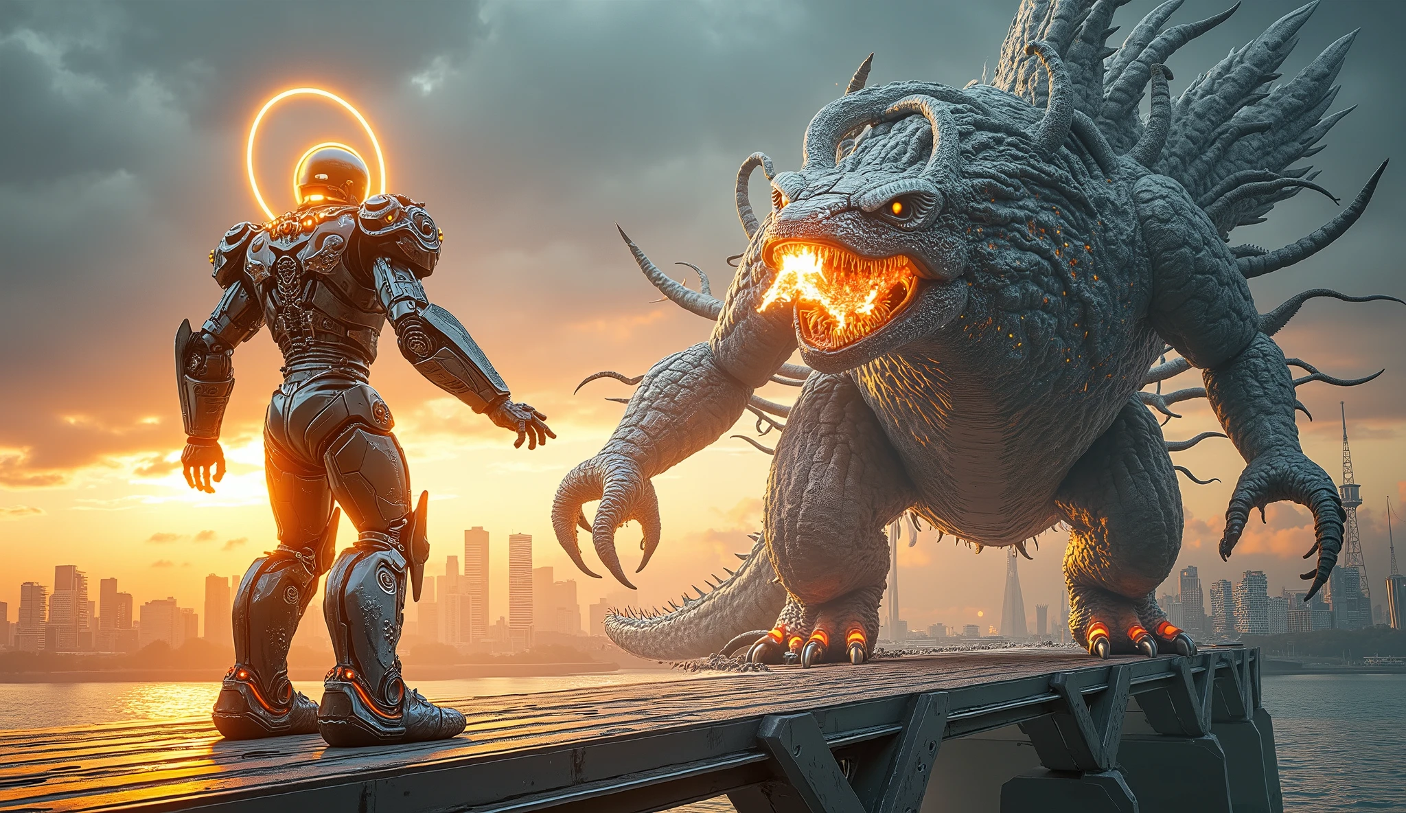 An epic scene of a colossal city super robot engaged in a fierce battle against a gigantic kaiju monster on the Sydney Harbour Bridge. The robot stands majestically, adorned with sleek metallic armor and glowing accents, holding a powerful energy weapon that emits a radiant aura. It is captured in a dynamic and heroic pose, with a circular golden halo illuminating its form and casting light around it.
Facing the robot is a formidable dragon-like creature, a colossal metallic gray beast that breathes fire, showcasing its intimidating presence. The intricate details of both the robot and the kaiju are highlighted, creating a striking visual contrast between the advanced technology of the robot and the primal fury of the dragon.
The background features the iconic Sydney skyline, softly lit to enhance the futuristic atmosphere of the scene. As the robot activates its energy weapon, glowing energy radiates from it, illuminating the chaotic surroundings where the battle unfolds. The artwork combines photorealistic elements reminiscent of Octane render with the artistic styles of Moebius and Greg Rutkowski, resulting in a high-resolution illustration that embodies the thrilling essence of giant battles.
The composition captures the intensity of this clash, blending sophisticated linework with vibrant pastel colors, creating a harmonious yet dynamic portrayal of heroism and destruction. The full-frame image, designed like a movie poster, showcases this iconic mechanical guardian in its epic confrontation against the monstrous dragon, delivering a stunning and beautiful visual narrative.