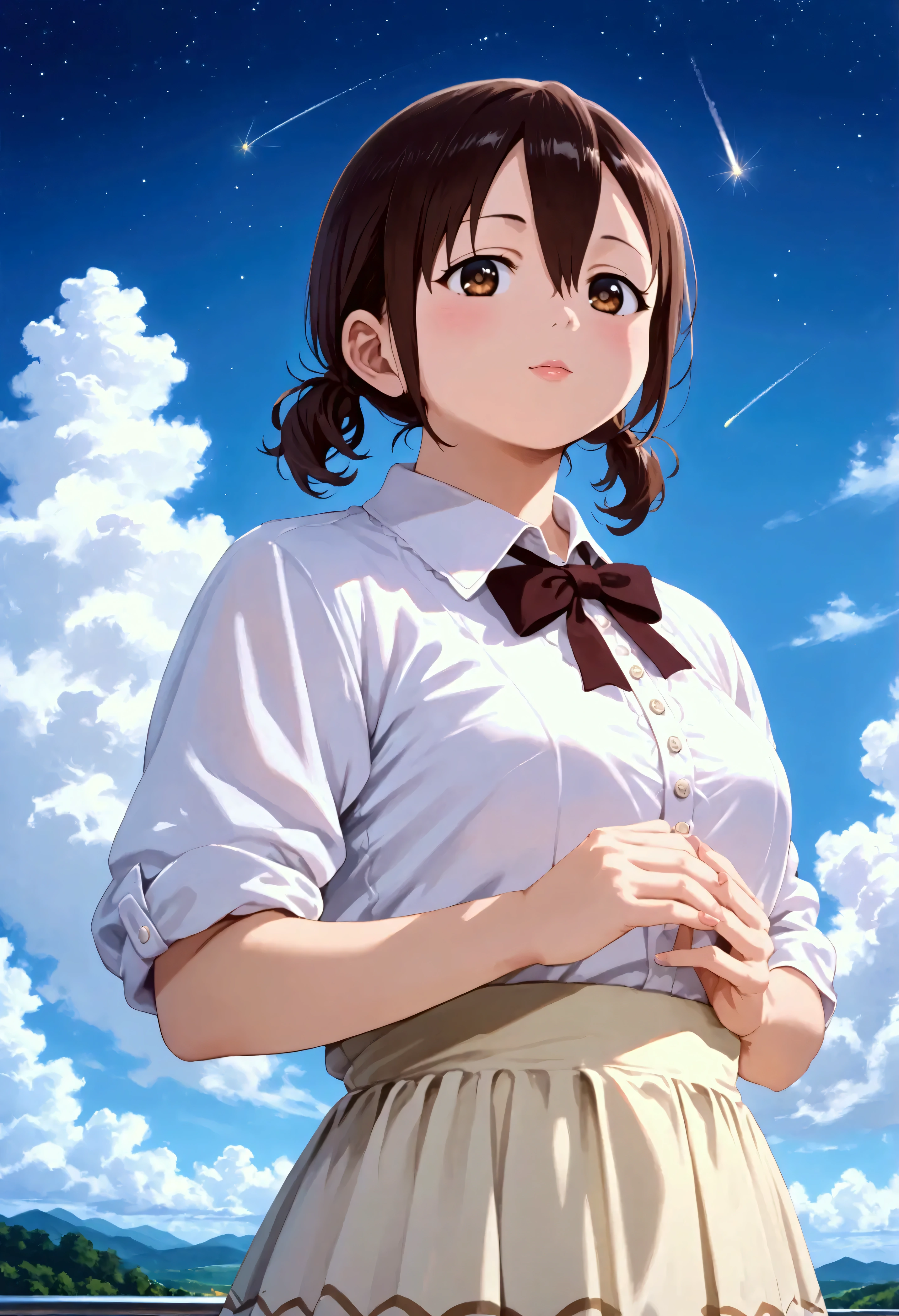 anime style, anime, source anime, score_9, score_8_up, score_7_up, score_6_up, a woman standing with her back to the camera looking up at a sky with lots of bright colors, 1girl, solo, honoka hara, short hair, brown hair, hair between eyes, twintails, brown eyes, low twintails, short twintails, plump, sky, solo, star (sky), cloud, scenery, starry sky, long hair, skirt, shooting star,((4k,8k,Ultra HD)),((Masterpiece :1.2)),((Best quality :1.2)),((Detailed :1.5)),((Detailed background :1.5)), (8K),(absurdres),(crisp quality),(rich contrast),(sharp focus),(best quality),(high resolution),(Looking delighted),(masterpiece),(detailed face),(illustration),(ultra detailed),(rich contrast),(a best quality illustration),(a masterpiece of a woman with ultra detailed features, in 8K resolution, with crisp quality and vibrant colors),(detailed eyes),(perfect eyes),(ultra detailed eyes),((nice hands)),((perfect hands)),((gleaming skin)),((shiny skin)),((best quality)),((high resolution)),((ultra-high resolution)),((masterpiece)),((ultra detailed)),((illustration)),((an extremely delicate and beautiful))((detailed face)),((perfect eyes)),((perfect fingers)),