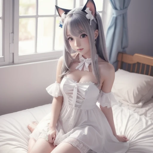 A cat girl sitting cross-legged on the ground,And open your legs in white lace suspenders,Love in the eyes ,Little tongue sticking out,White milk flowing from the mouth,Look at me with disgust and sickness,Wearing white thick-heeled high heels