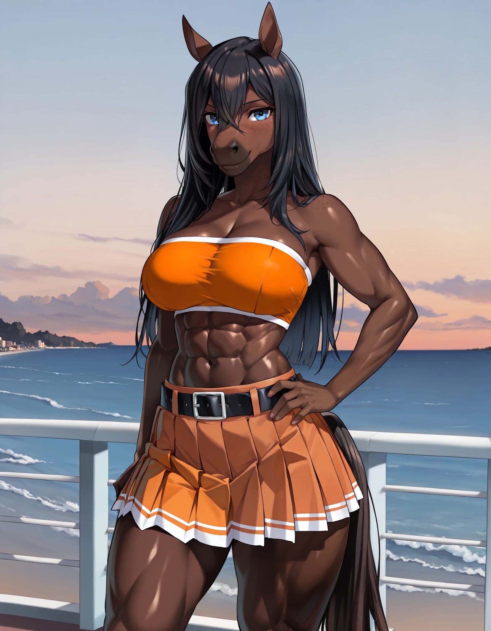 1girl, dark skin, tanned, oily shining skin, sweat, muscular, tearing clothes, torn clothes