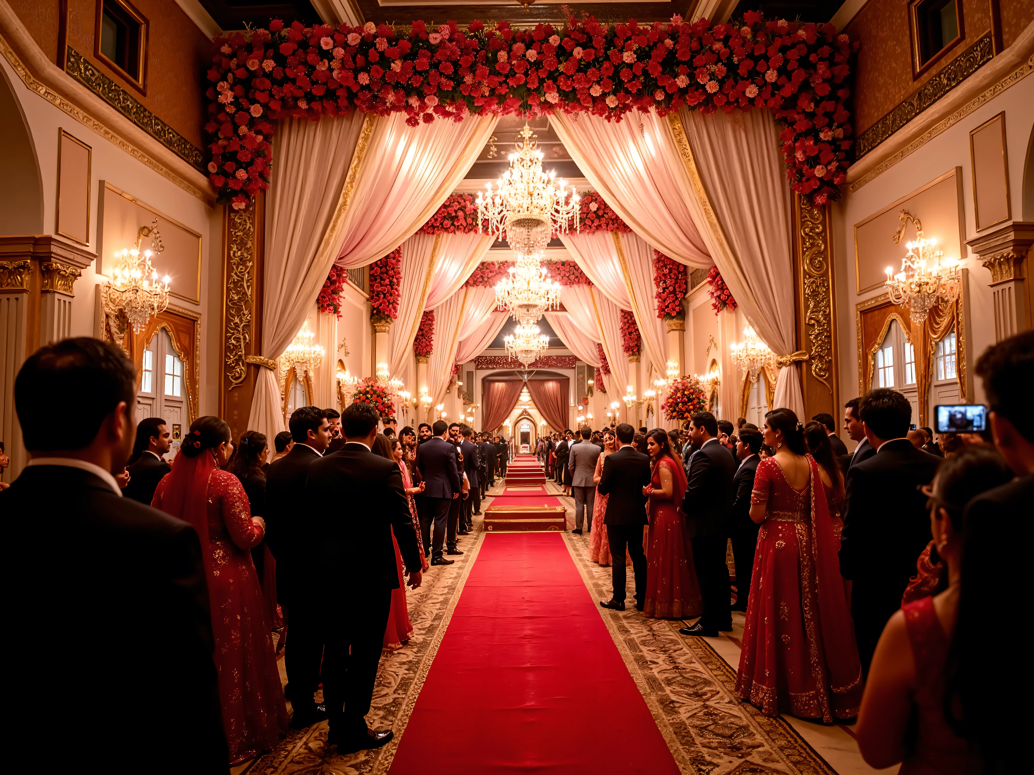 High-resolution, photorealistic night scene of a grand Pakistani wedding entrance hall. The hall is adorned with lush, vibrant floral arrangements, draped fabrics, and a dramatic red carpet. A lot of guests, resplendent in traditional attire (sherwanis, lehengas, suits), gaze directly at the camera with hyper-realistic, intense expressions, while some guests are seen taking pictures with their phones and cameras. HDR lighting illuminates the scene, enhancing the rich colors and intricate textures of the elaborate decor. The resulting image captures the opulence, energy, and immersive atmosphere of a Pakistani wedding celebration.
