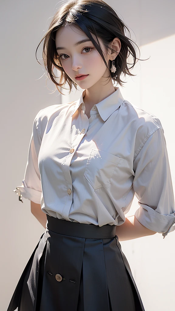 woman,Japanese,Blue Shirt,No sleeve,Realistic details, High resolution,Bokeh,Excellent details