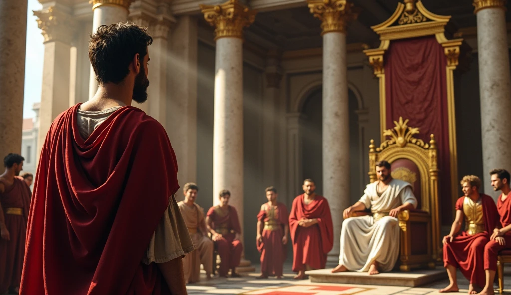 Ancient trial of authorities judging a philosopher in an ancient court with the philosopher with his back turned and the judges facing him